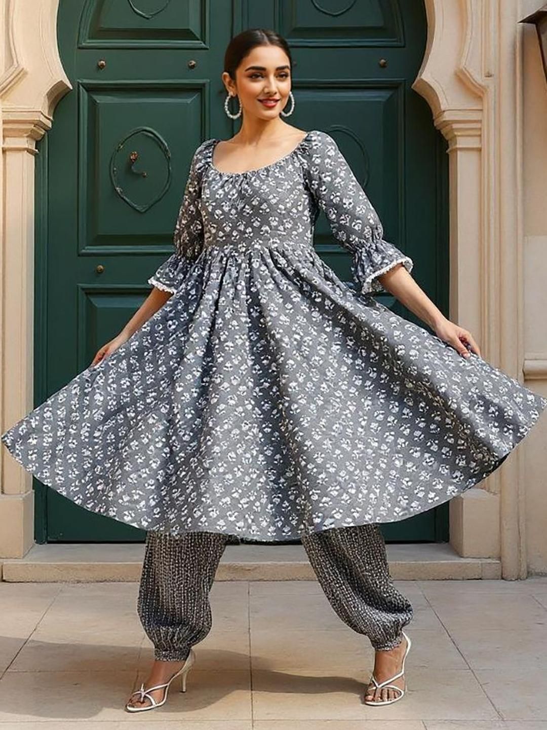 SZN Women Ethnic Motifs Printed Pure Cotton Anarkali Kurta with Afghani Salwar