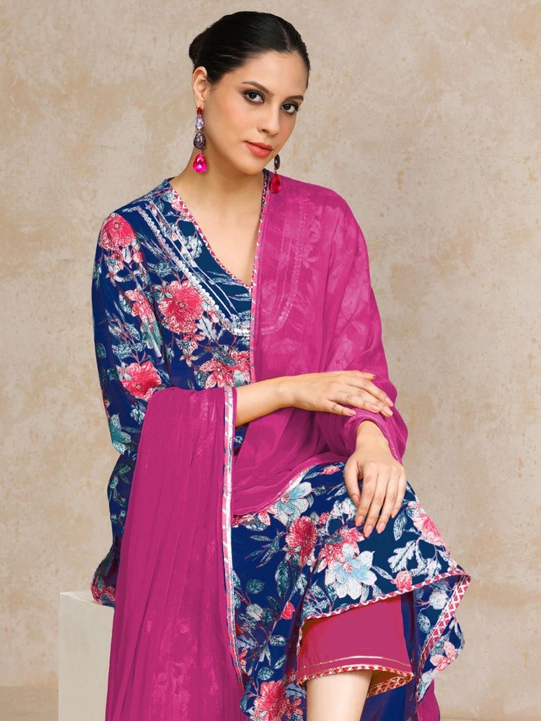 Varanga Floral Printed Gotta Patti V-Neck A-Line Kurta With Trousers & Dupatta