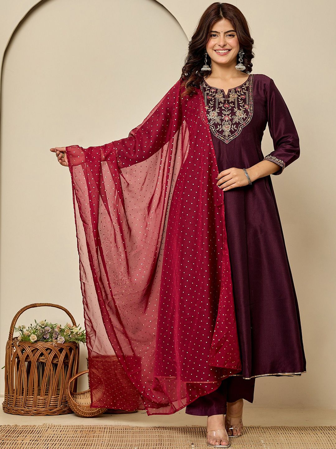 SUAAC Women Ethnic Motifs Embroidered Anarkali Kurta with Trousers & Dupatta