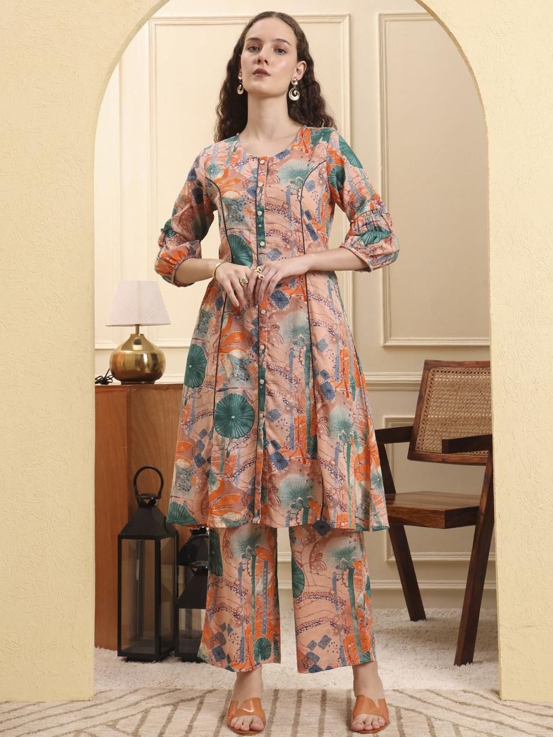 Yufta Women Ethnic Motifs Printed Linen A-Line Kurta with Trousers