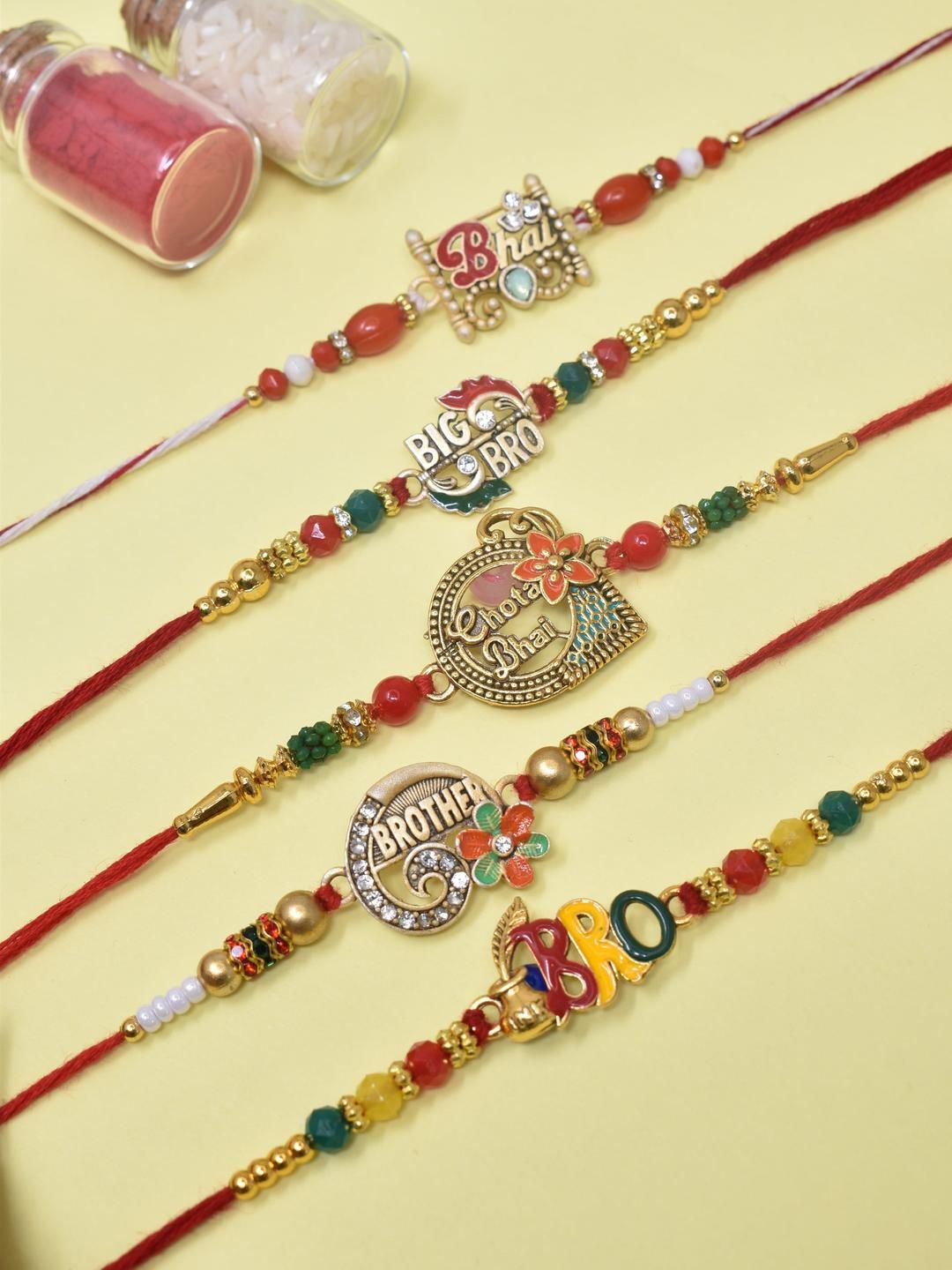MEIRA JEWELLERY Set Of 5 Beaded Brother Thread Rakhis With Pooja Thali & Roli Chawal-picture-53