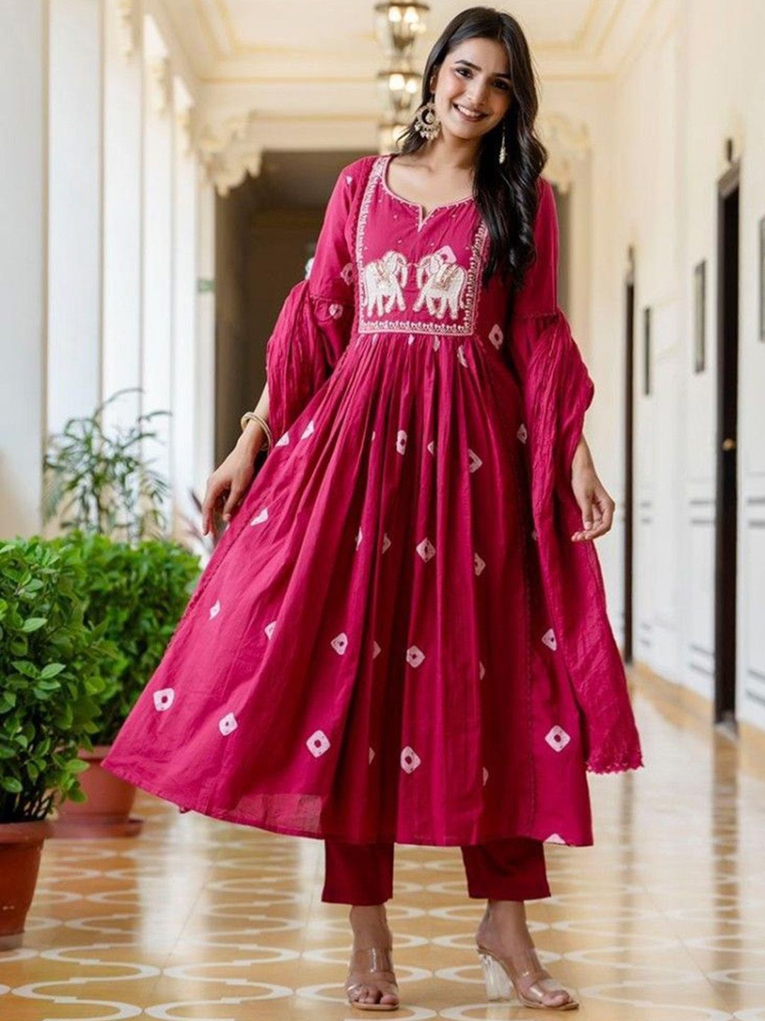 AREEH Women Bandhani Embroidered Regular Pure Cotton Kurta with Palazzos & Dupatta