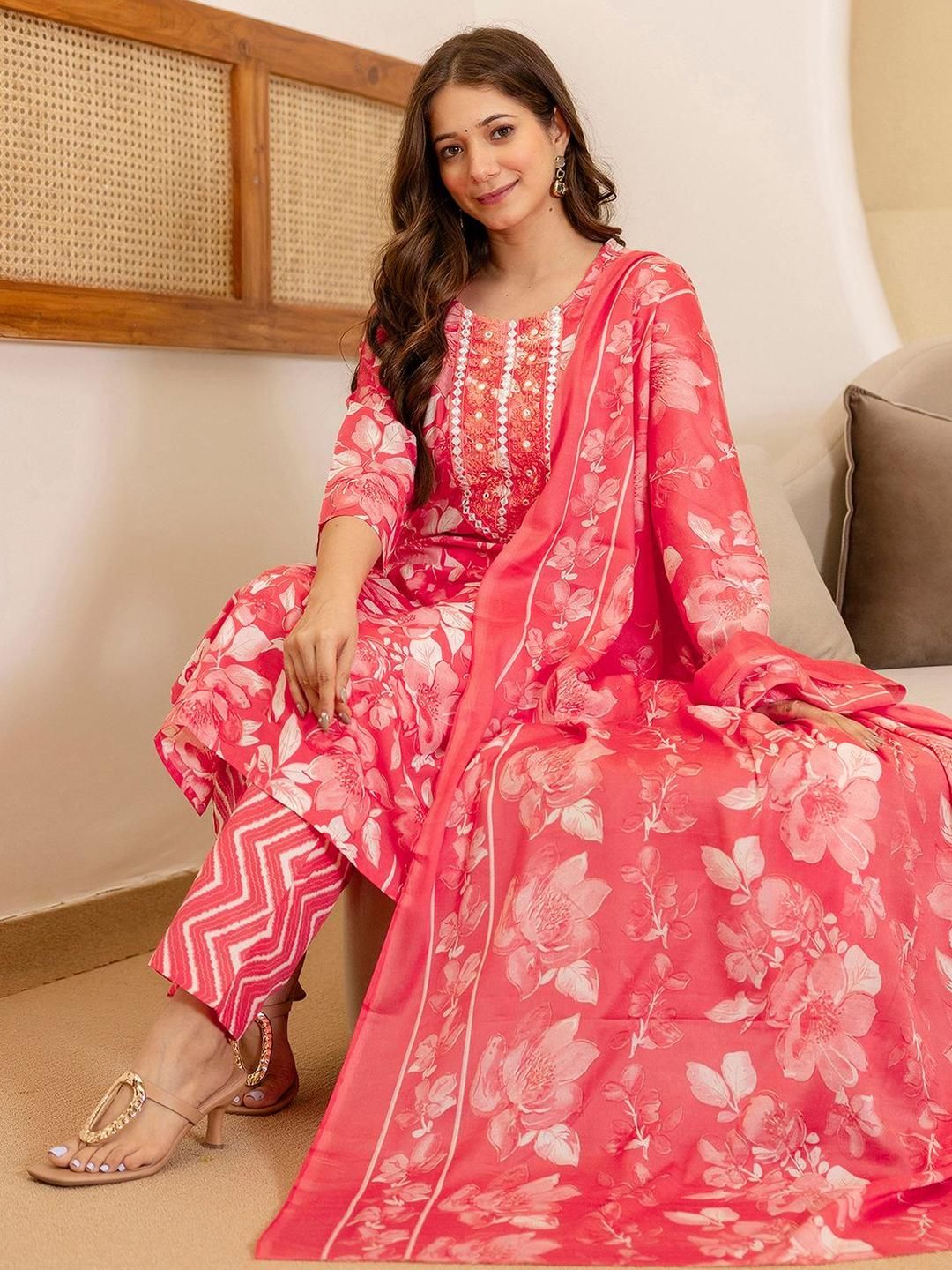 SKYLEE Floral Printed Mirror Work Straight Kurta With Trousers And Dupatta