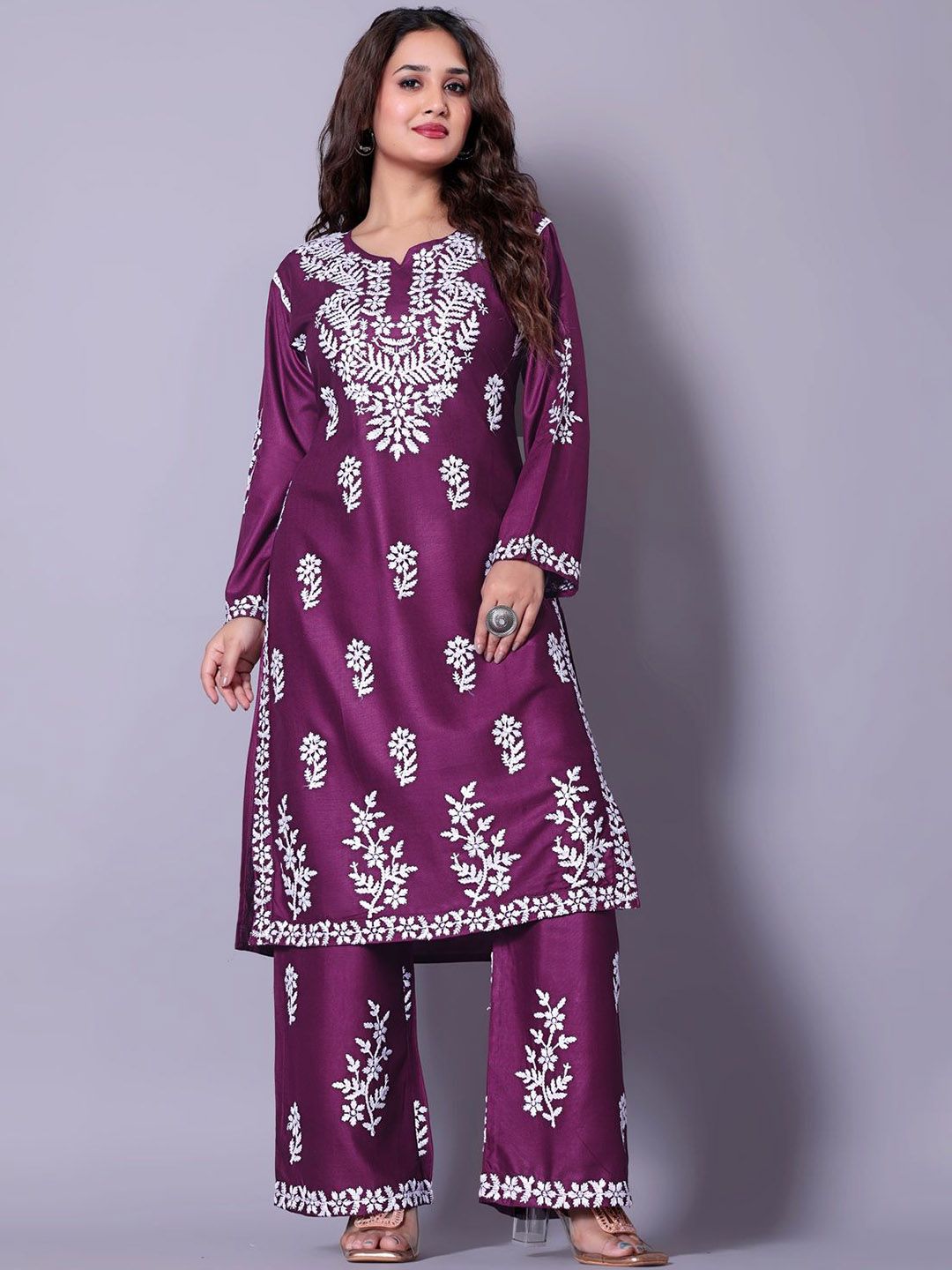 RUDRA LIFESTYLE Women Floral Embroidered Round Neck Pure Cotton Kurta with Palazzos