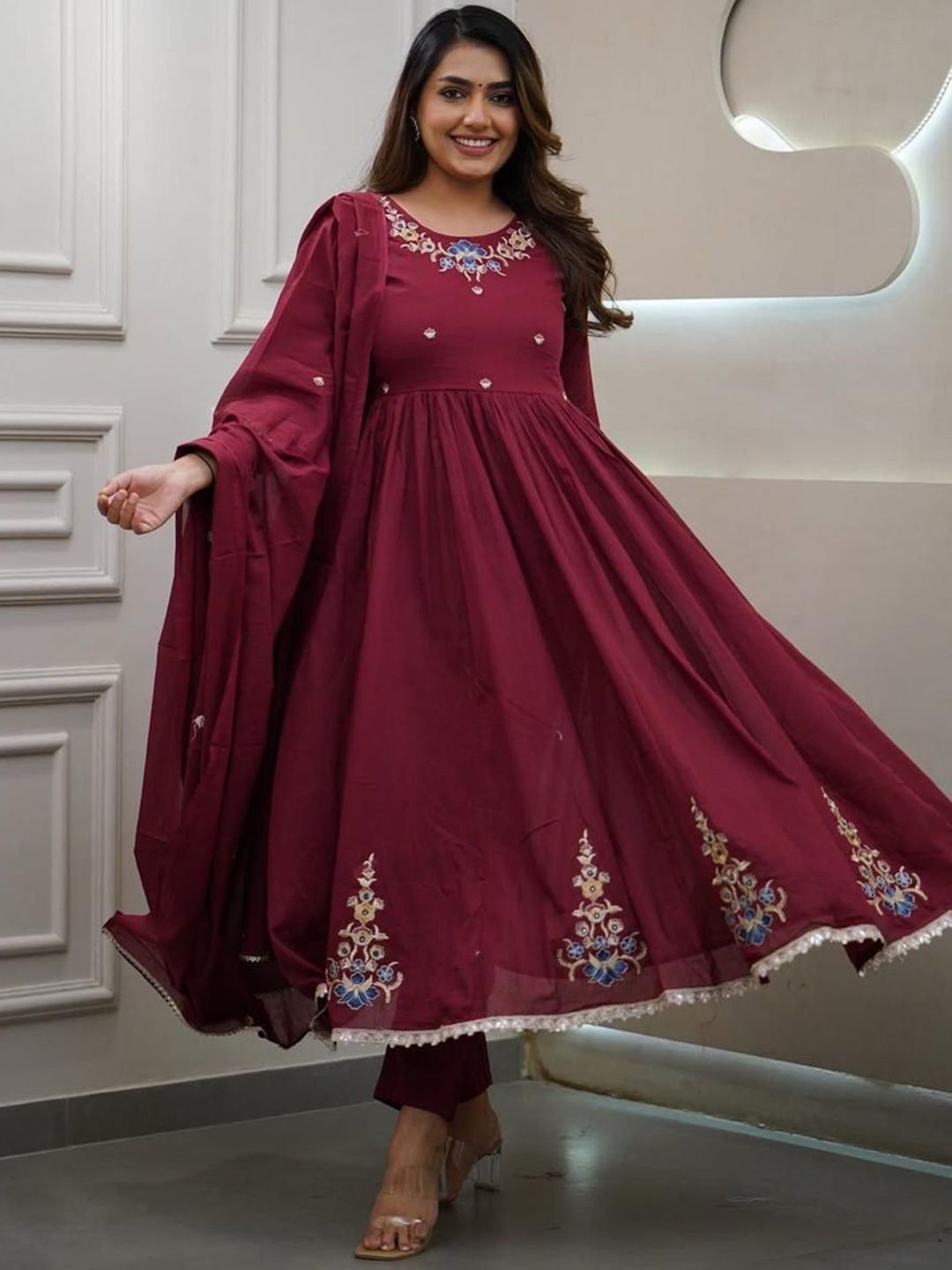 MILAAV Women Floral Embroidered Cotton Anarkali Kurta with Trousers & Dupatta