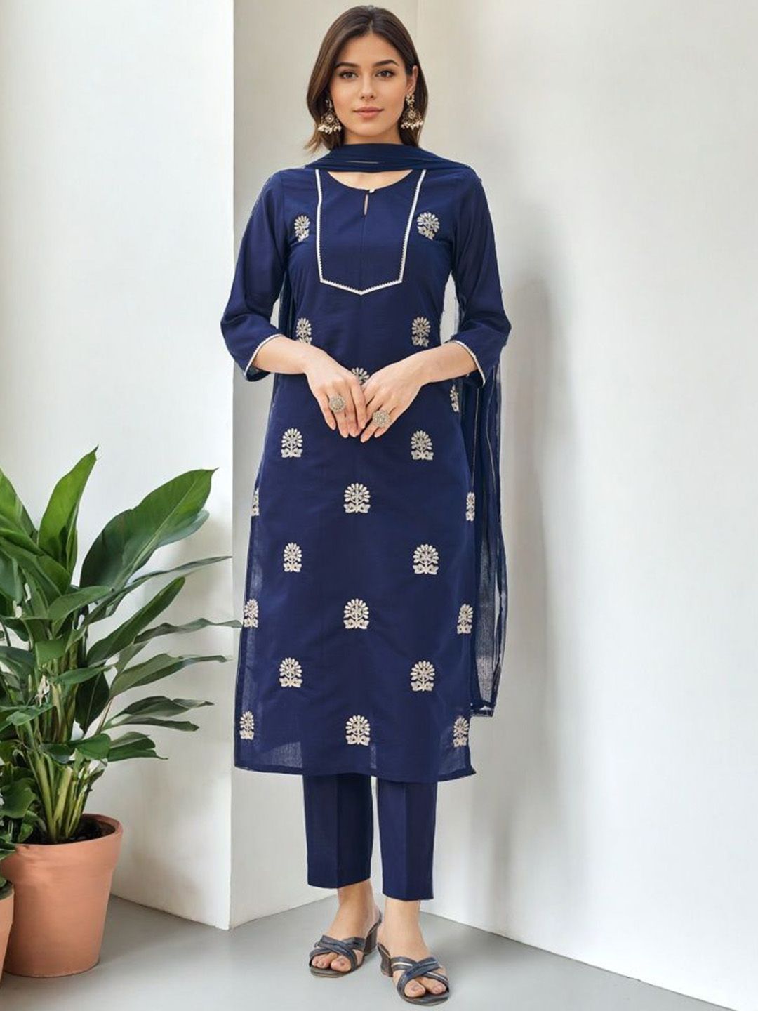 SZN Women Woven Design Embroidered Silk Kurta with Trousers & Dupatta