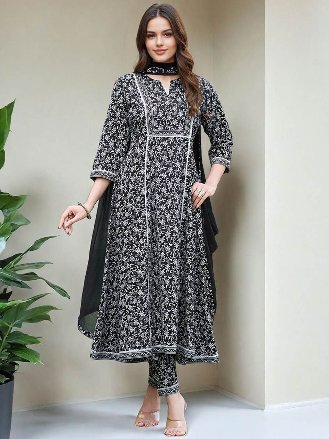 SZN Floral Printed Empire Notch Neck Anarkali Kurta With Trouser & Dupatta