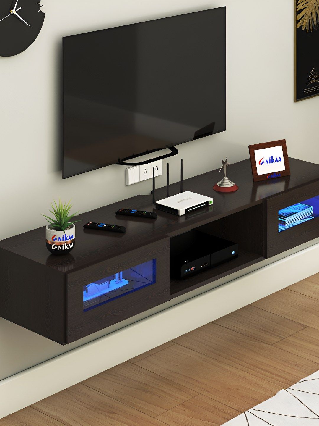 ANIKAA Brown Orilo Wall Mount Modern Wooden TV Entertainment Unit