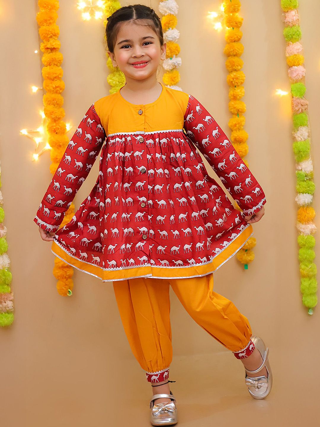 LITTLE GINNIE Girls Ethnic Motifs Printed Cotton A-Line Kurta with Churidar-picture-18