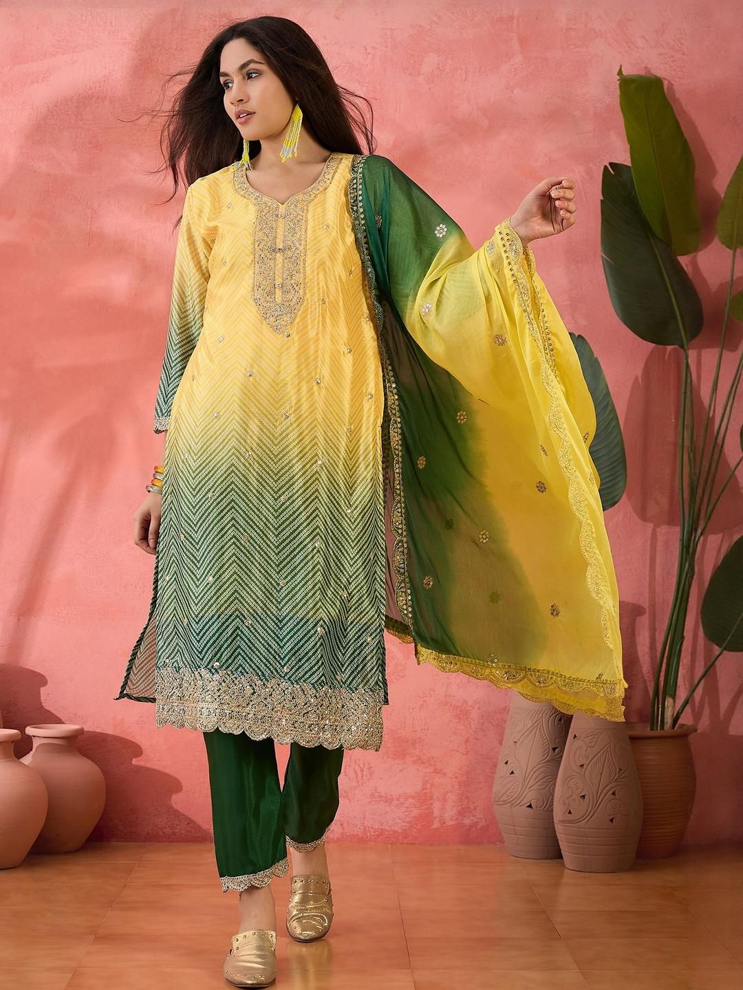 MANVAA Women Bandhani Embroidered Regular Sequinned Kurta with Trousers & With Dupatta