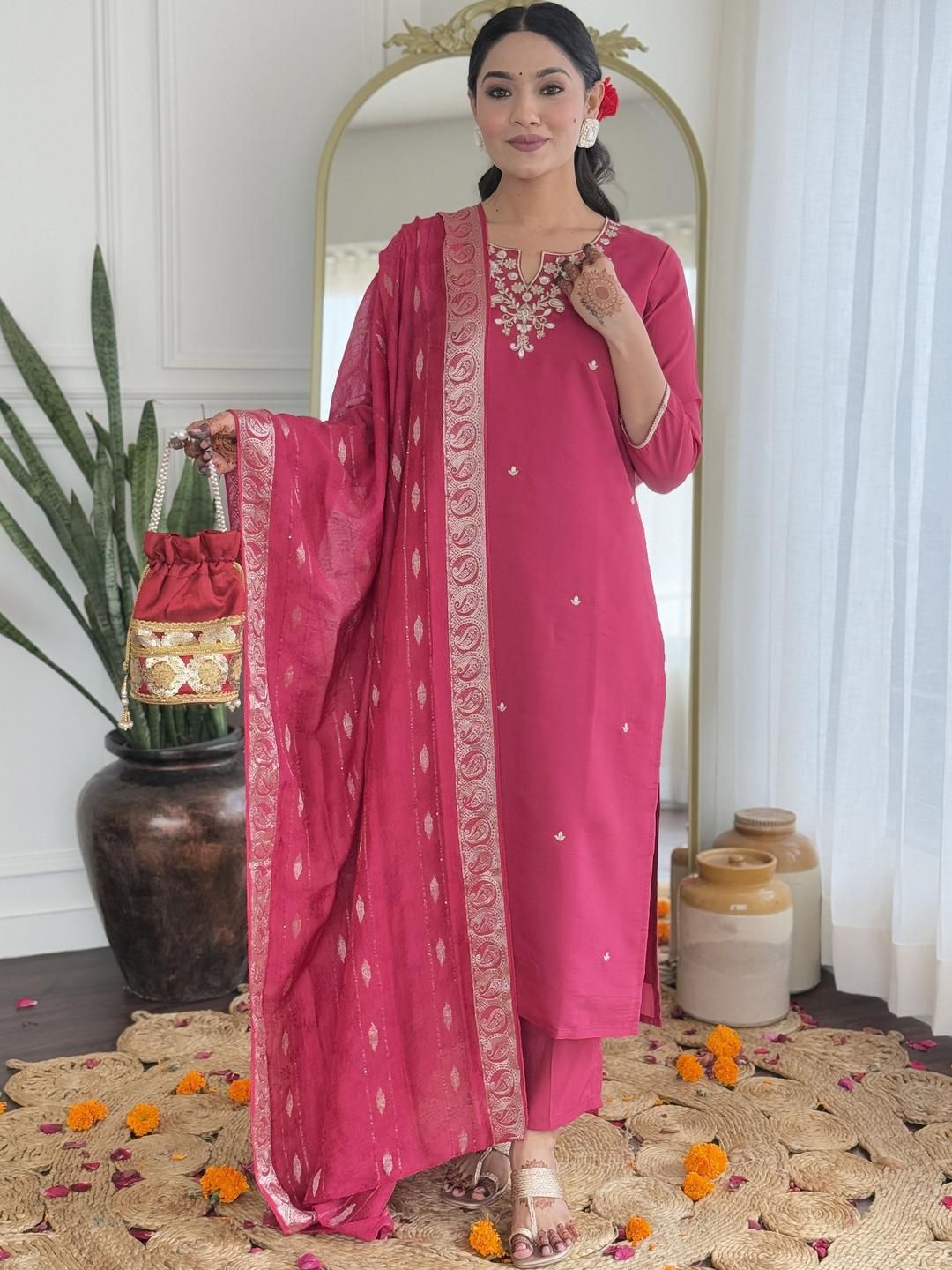 KALINI Floral Embroidered Notch Neck Zari Straight Kurta With Trousers & Dupatta