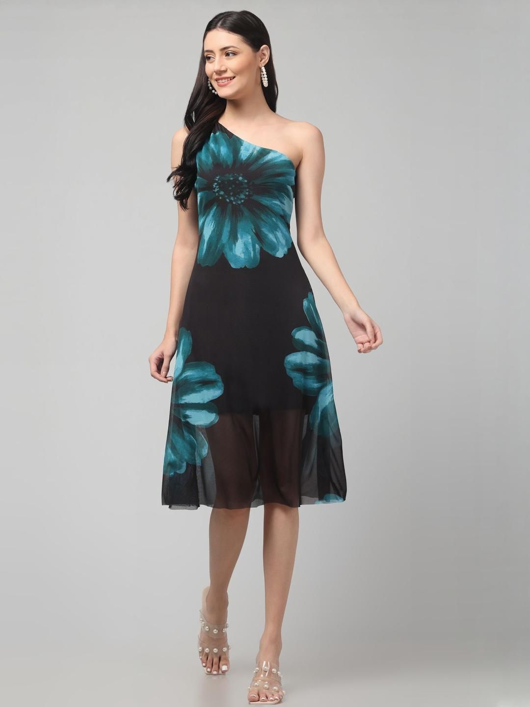 clobug Women Floral Printed Net Sheath Midi Dress