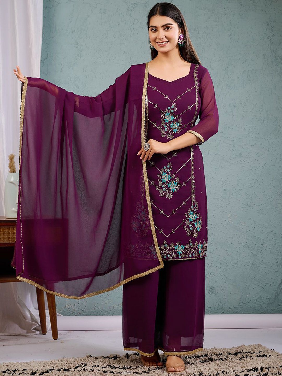 Globon Impex Women Embroidered Regular Sequinned Kurta Set With Dupatta