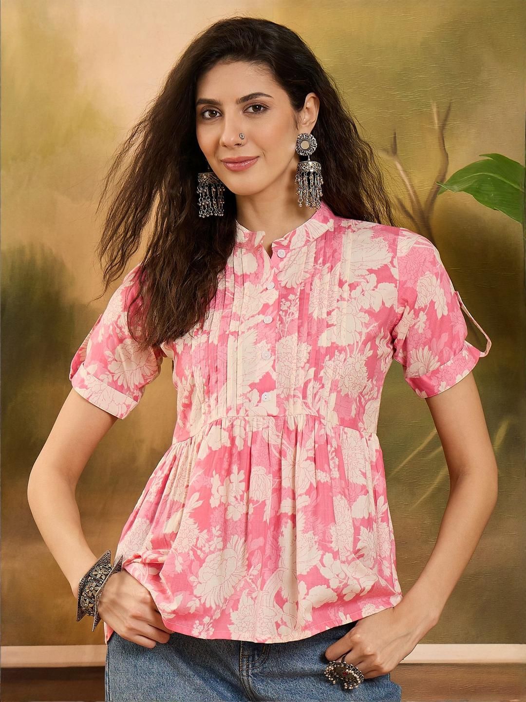 Sangria Floral Printed Pure Cotton Pintuck Short Peplum Top-picture-20