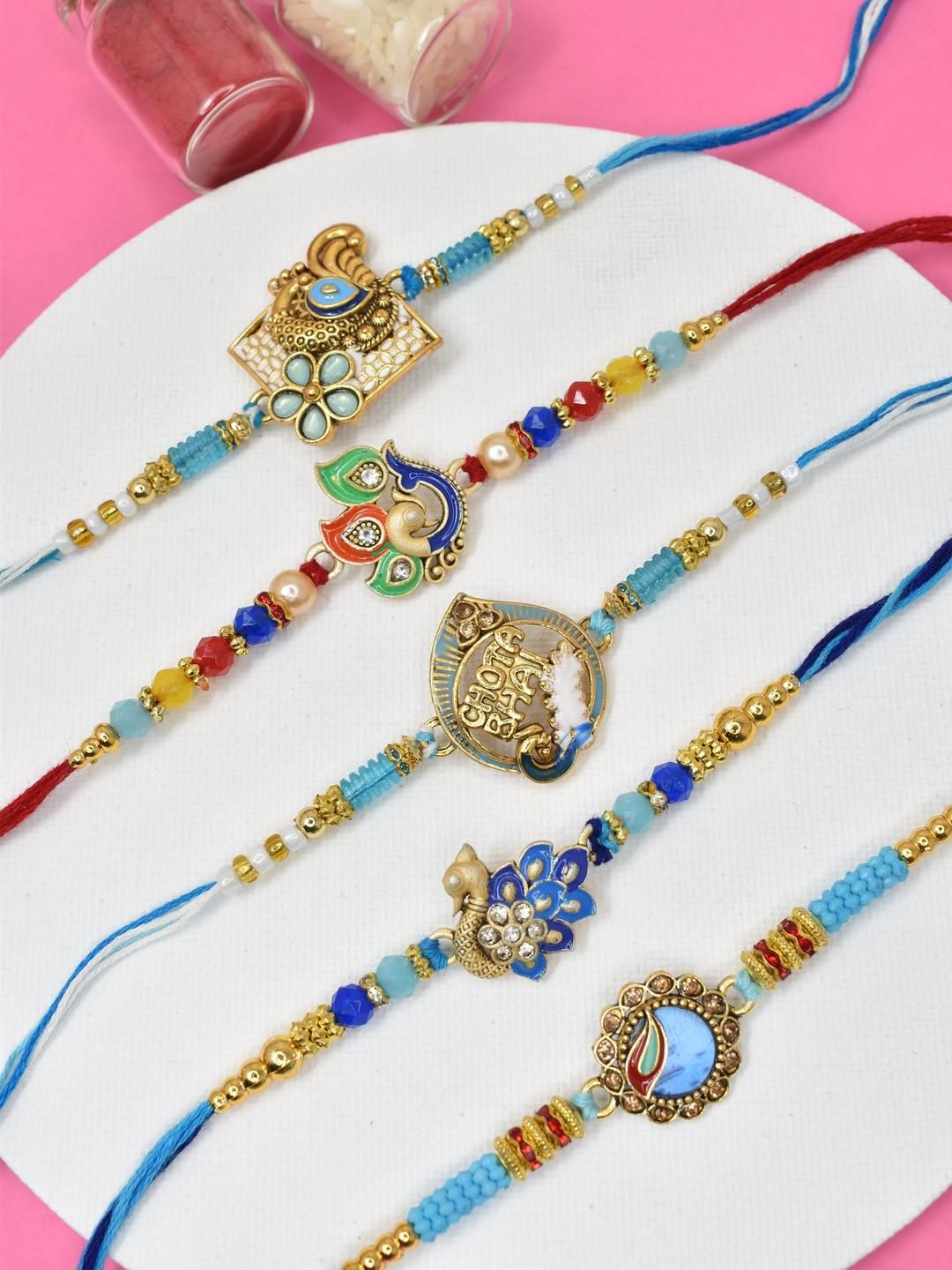 MEIRA JEWELLERY Set Of 5 Beaded Thread Rakhis With Roli Chawal & Pooja Thali-image-20