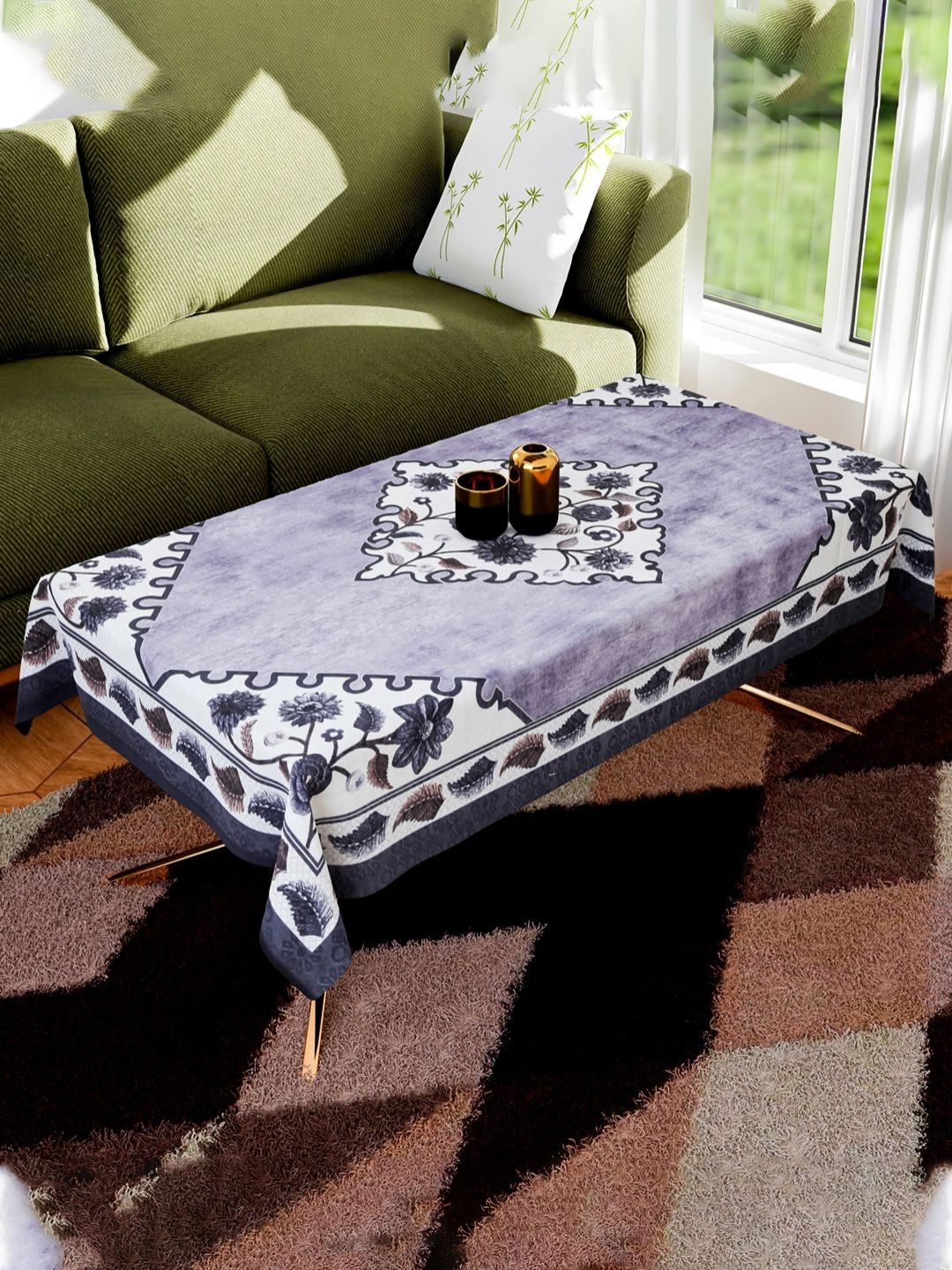 Aura Grey & Purple Floral Printed Anti-Skid Cotton 4-Seater Table Cover-picture-25