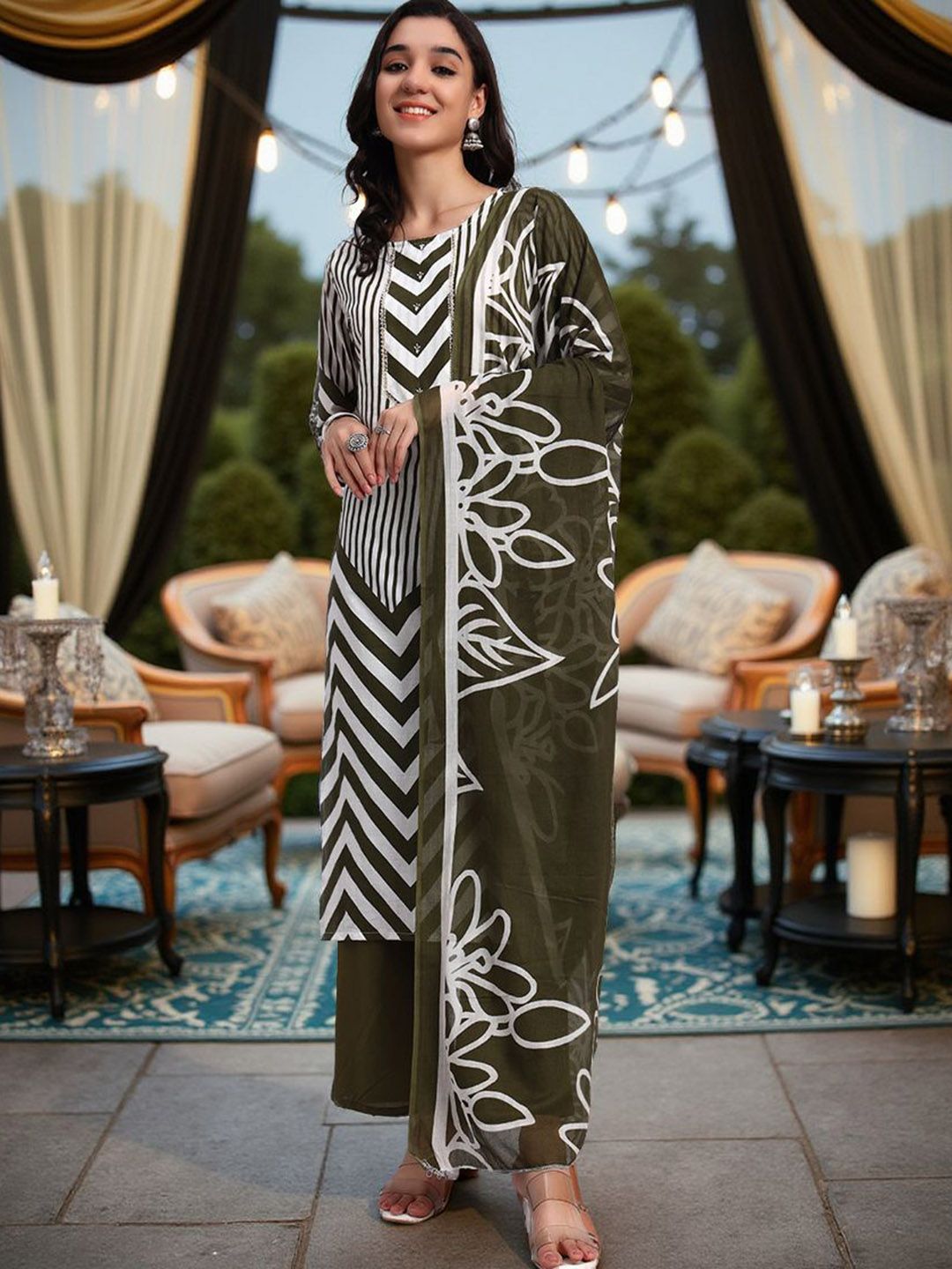 Pannkh Women Striped Cotton Kurta with Palazzo & Dupatta