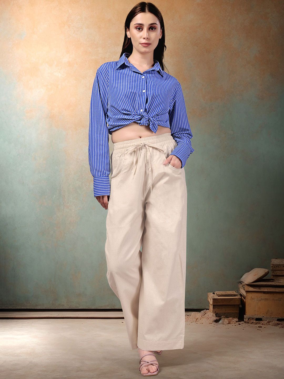 Moda Rapido Striped Shirt Collar Shirt With Trousers Co-Ords