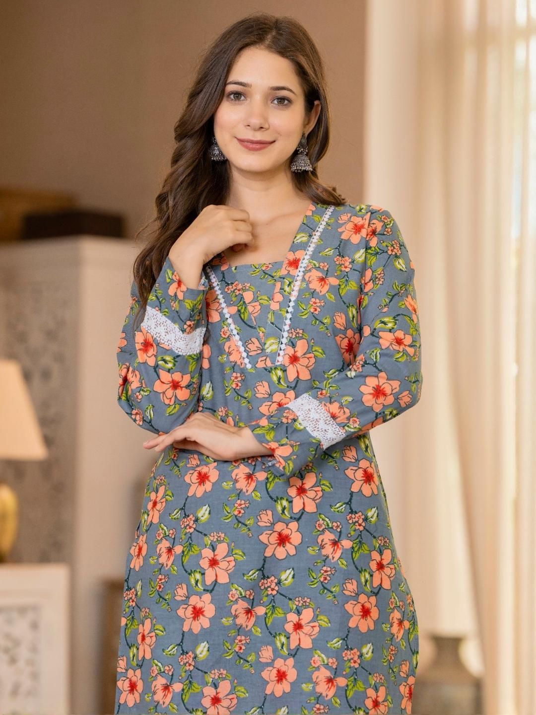 KJFAB Women Multi Color Floral Printed Regular Pure Cotton Kurta with Trousers