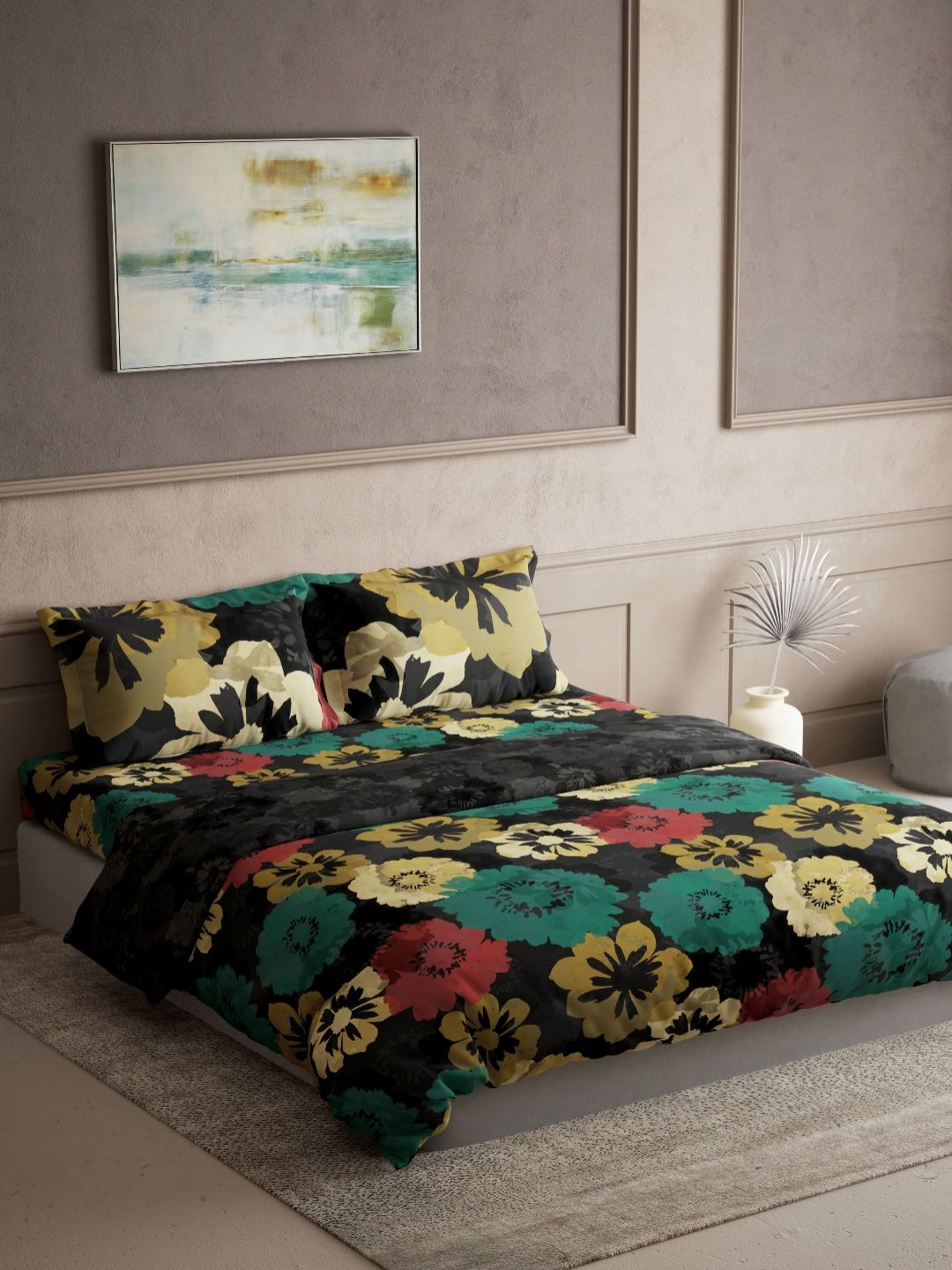 DDecor Grey & Gold-Toned 4 Pieces Floral Cotton Double King Regular Bedding Set