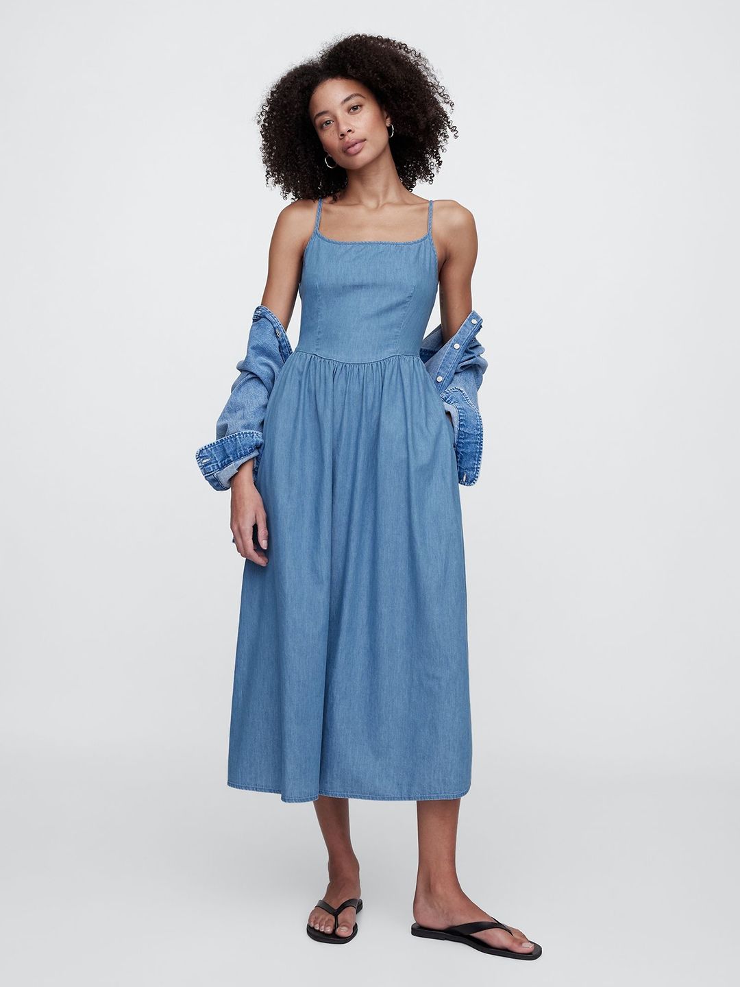 GAP Women Pure Cotton Shirred Shoulder Straps A-Line Dress-picture-50