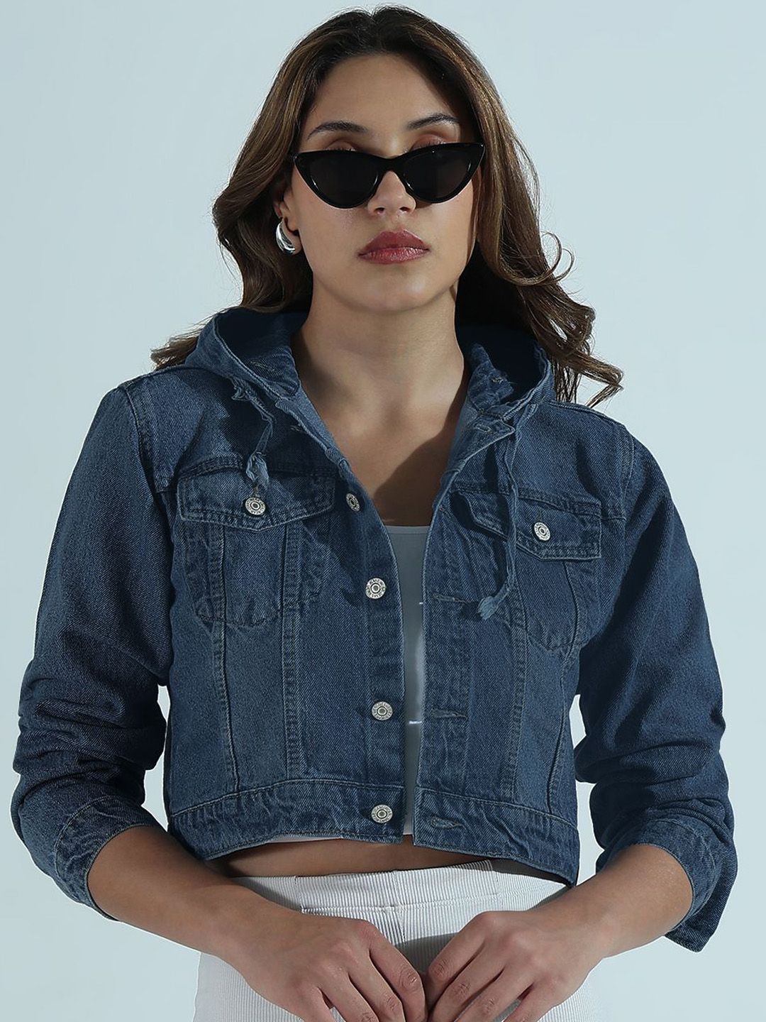 SHOWOFF Women Spread Collar Solid Casual Denim Jacket