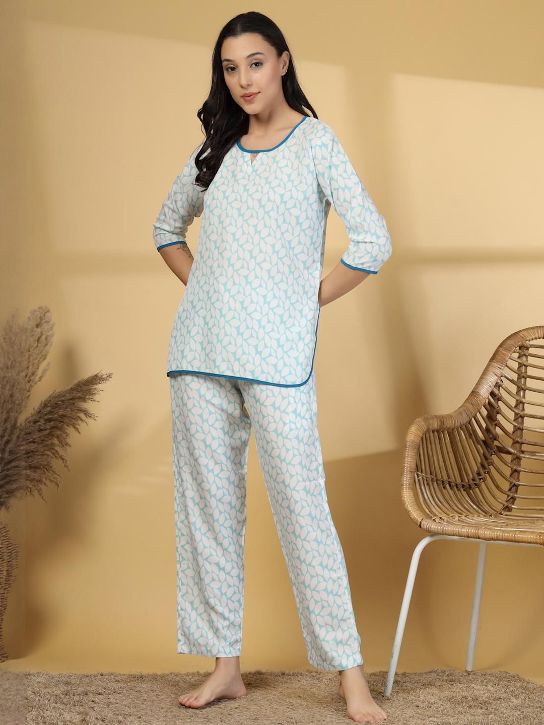 KLOTTHE Women Blue Floral Cotton Blend Night Suit-picture-47