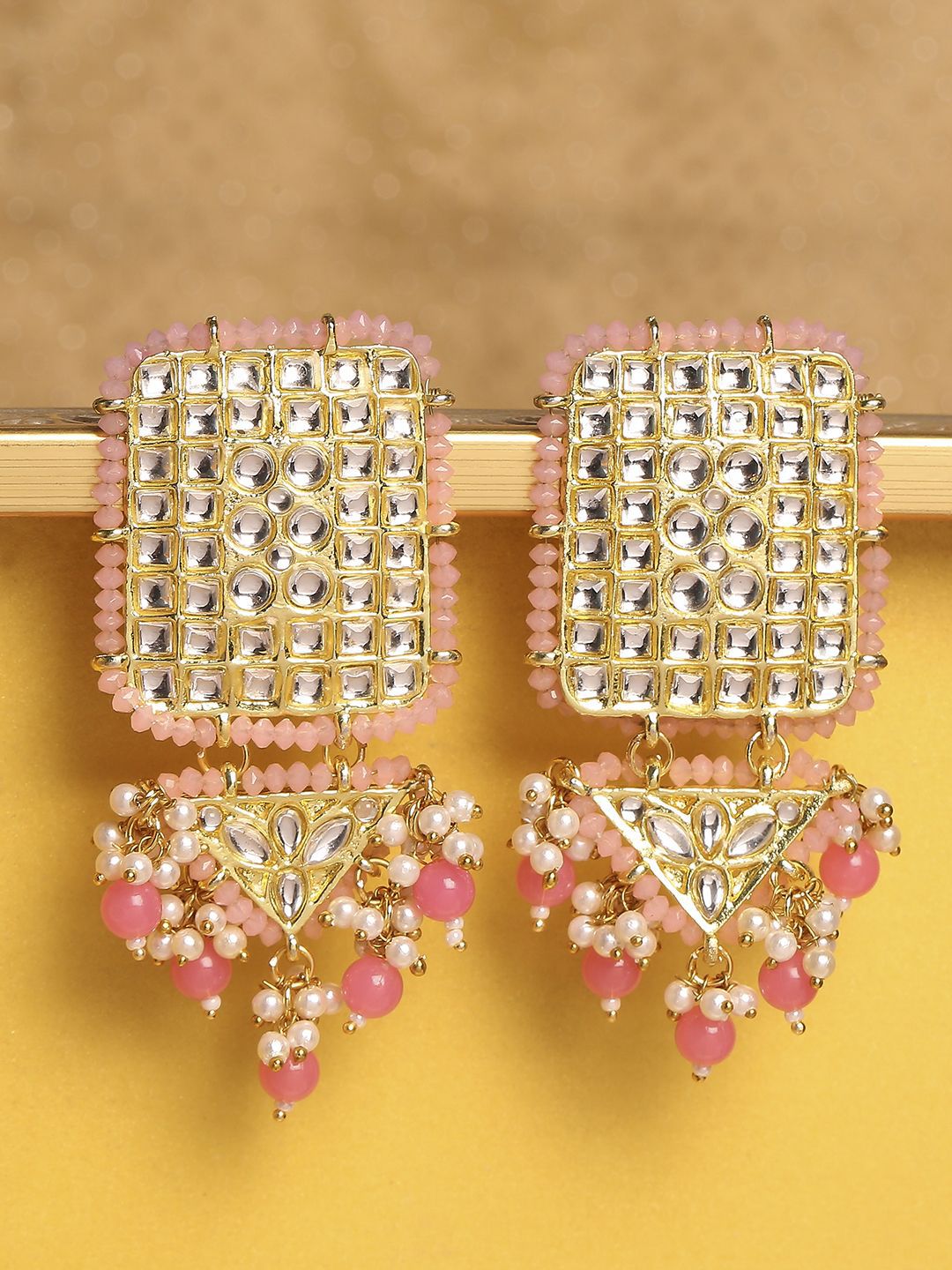 fabula Kundan Stone Studded & Beaded Square Shaped Drop Earrings-picture-17