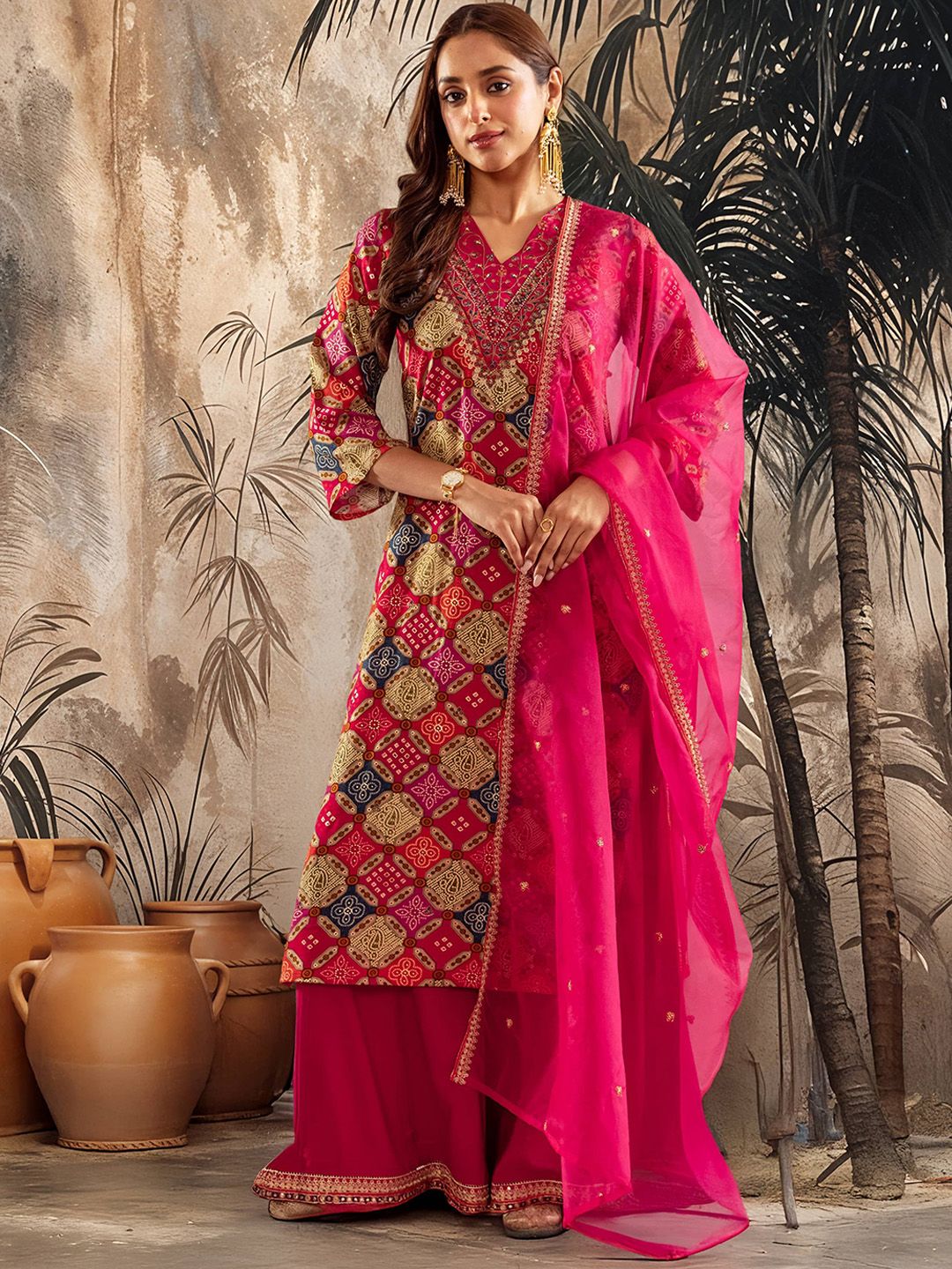 Sangria Women Ethnic Motifs Embroidered Kurta with Palazzo & Dupatta