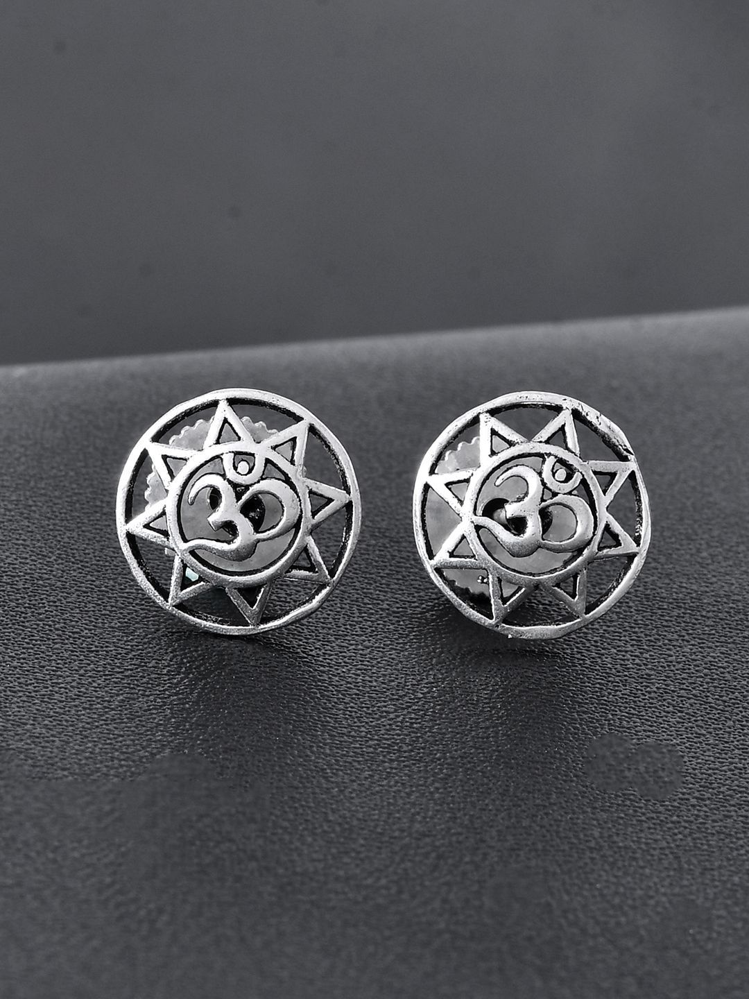 Voylla Men Silver-Plated Statement Om Mandala Oxidised Studs Earrings-picture-11