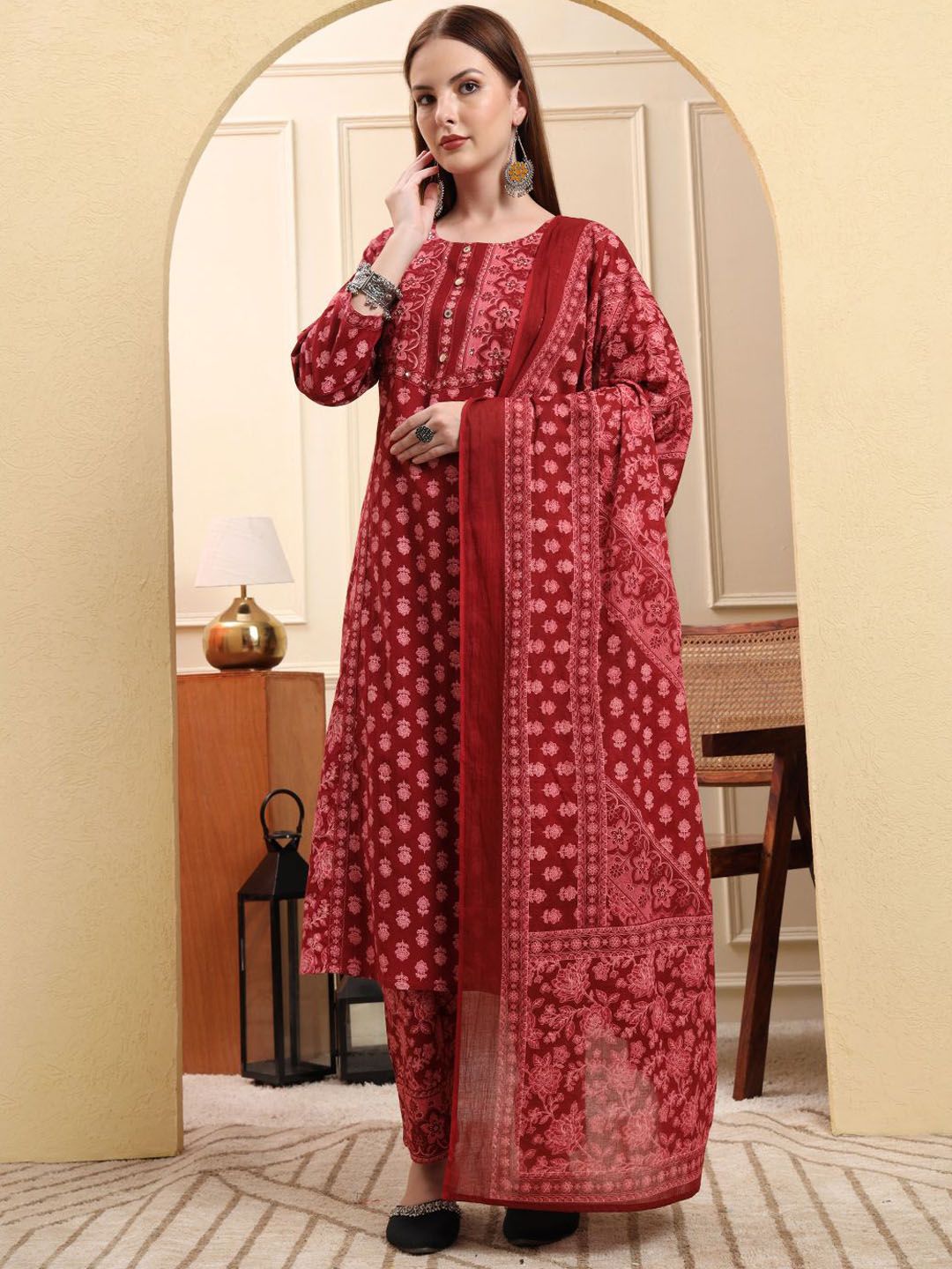 Yufta Women Floral Printed Cotton A-Line Kurta with Trousers & Dupatta