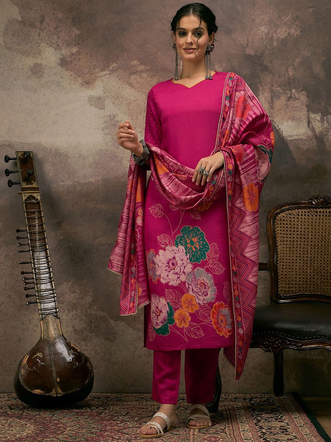 Anouk Women Floral Printed Kurta with Trouser & Dupatta