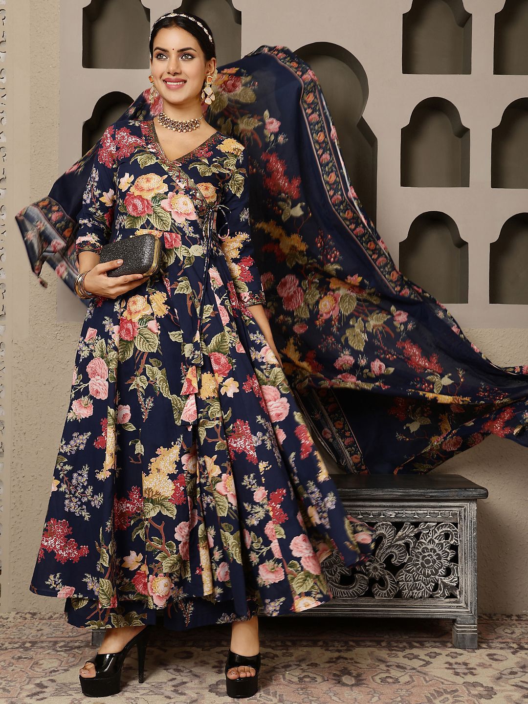 Sangria Women Floral Printed Pure Cotton Anarkali Kurta with Palazzo & Dupatta