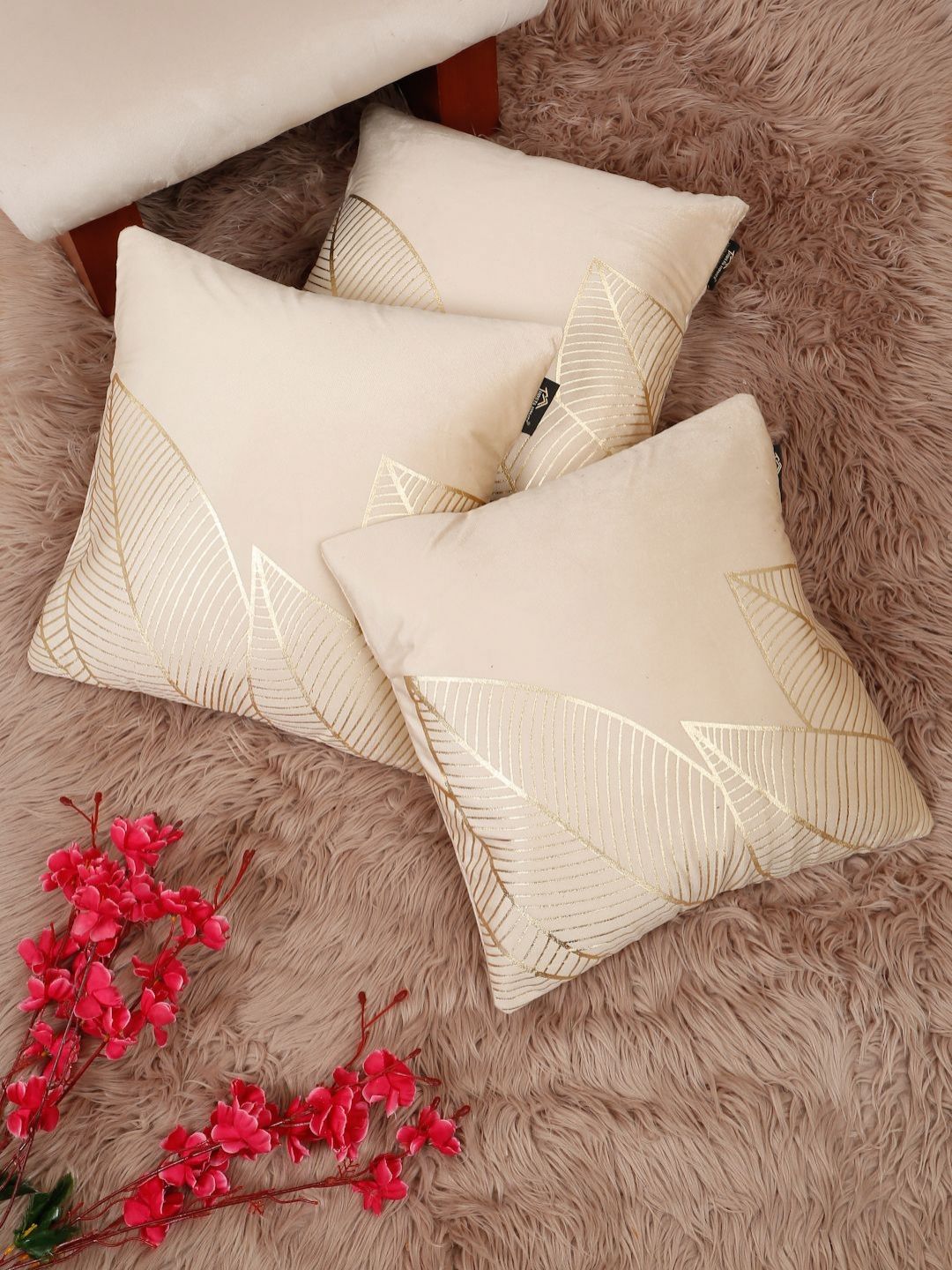 Myntra Elegant Homes Cream & Gold-Toned 3 Pieces Printed Velvet Square Cushion Covers-picture-32