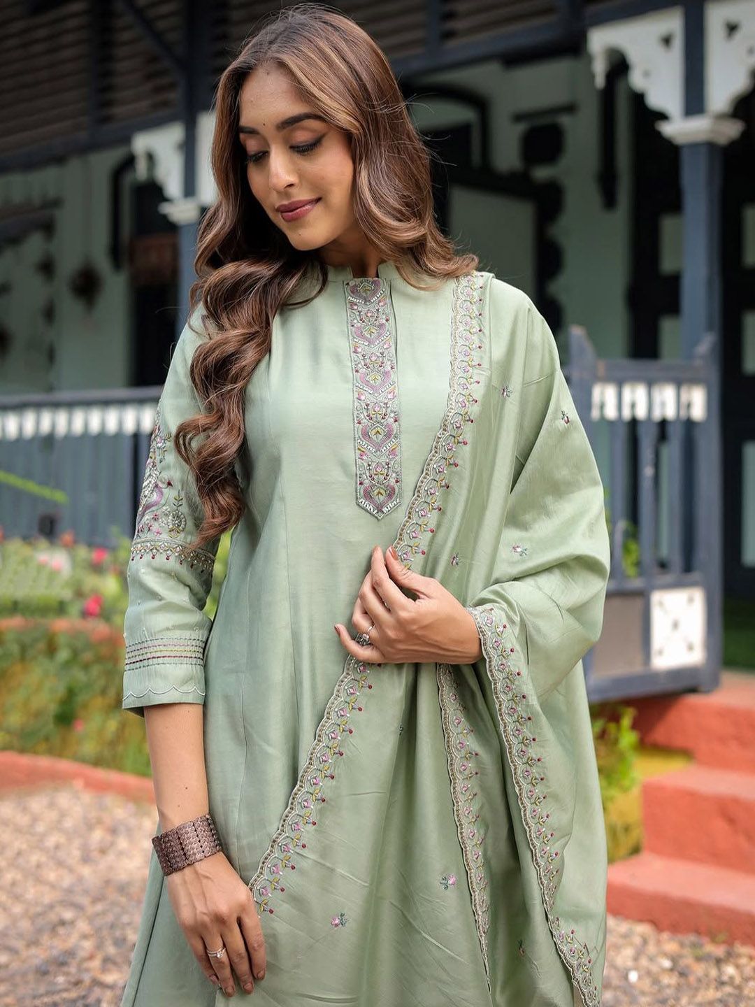 KALINI Women Floral Embroidered A-Line Kurta with Trousers & Dupatta