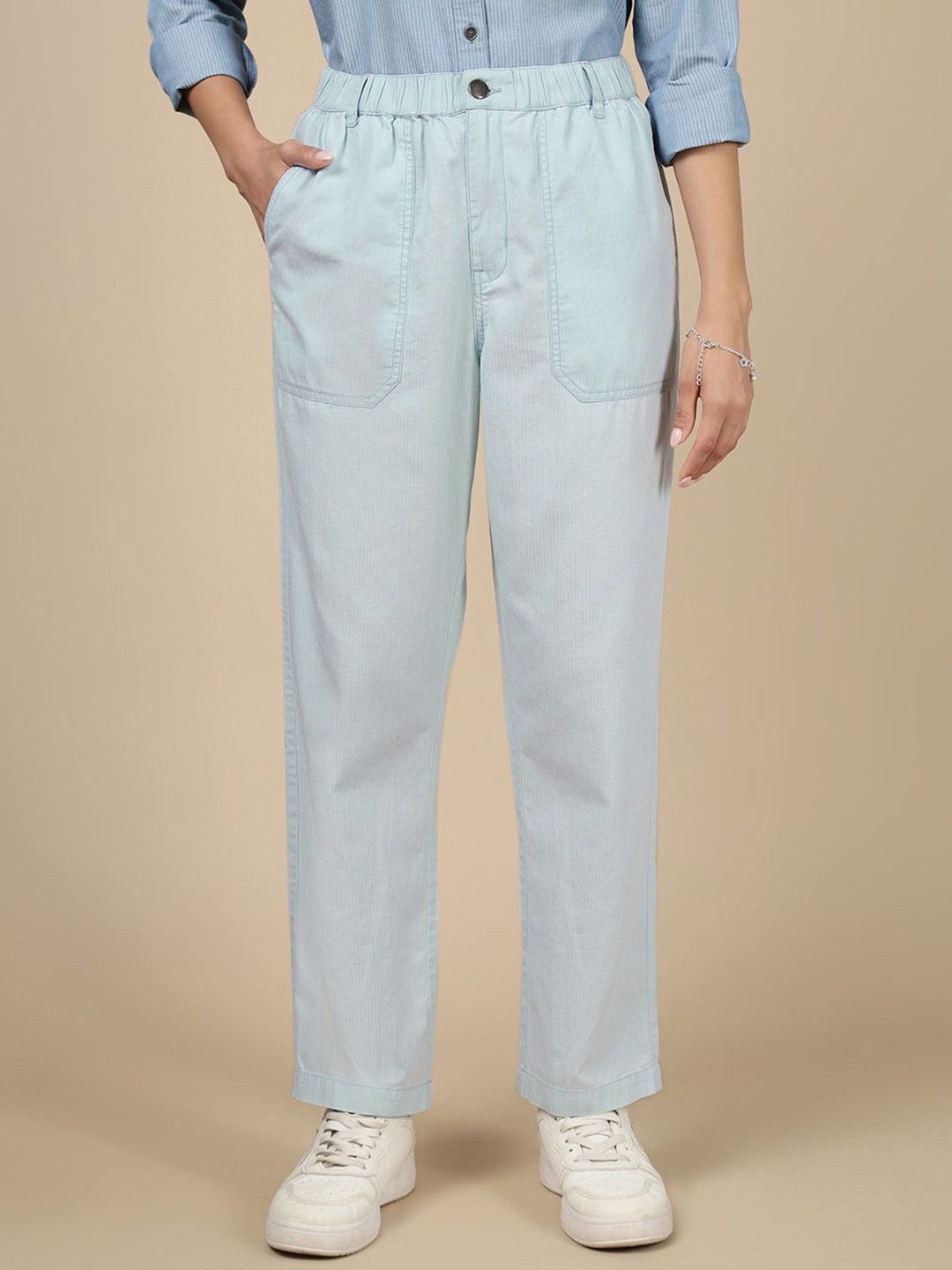 De Moza Women Striped Regular Fit Mid-Rise Cotton Cargo Styles Trousers-picture-14