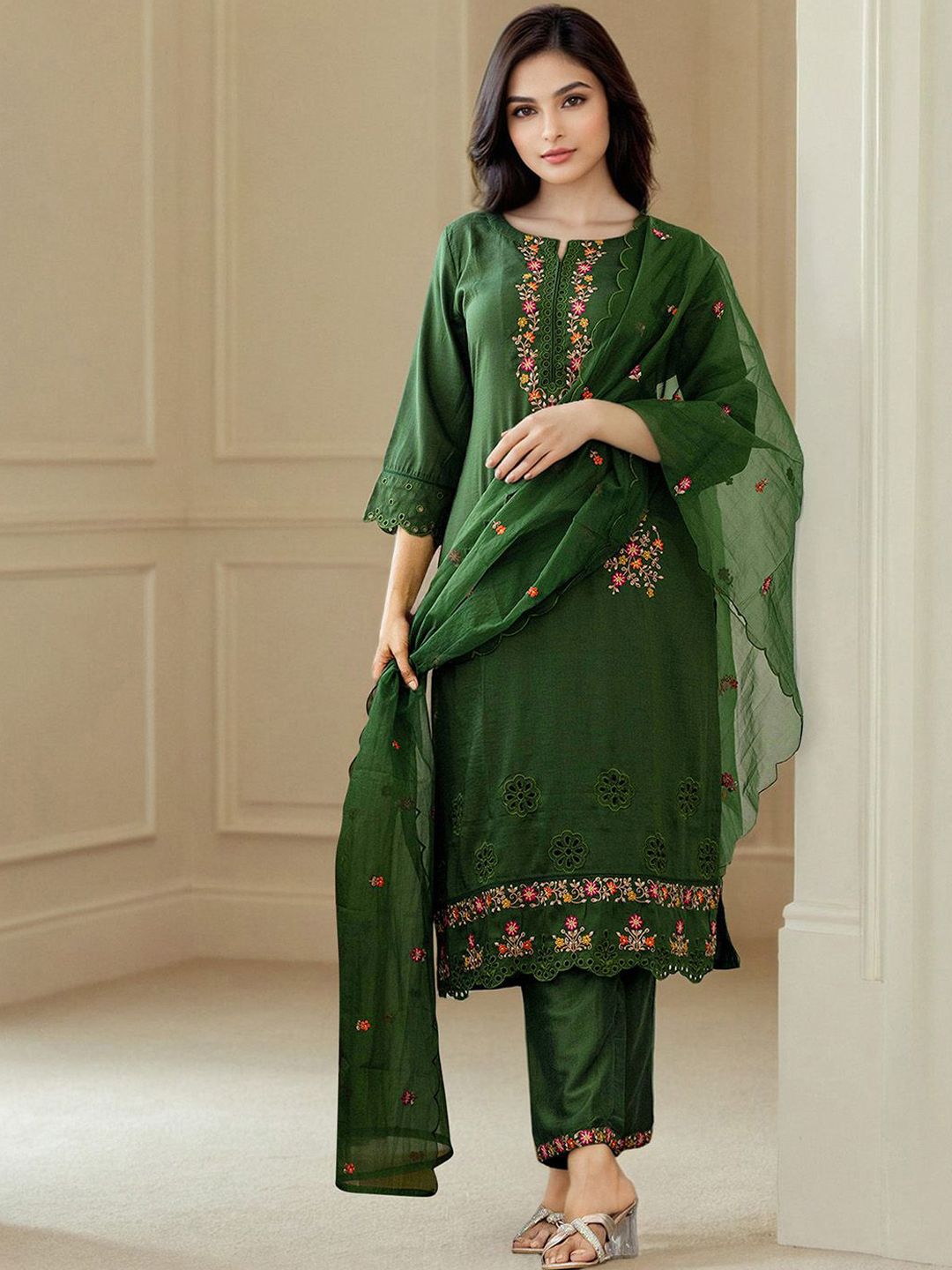 SANISA Women Ethnic Motifs Embroidered Regular Kurta with Trousers & With Dupatta-picture-25