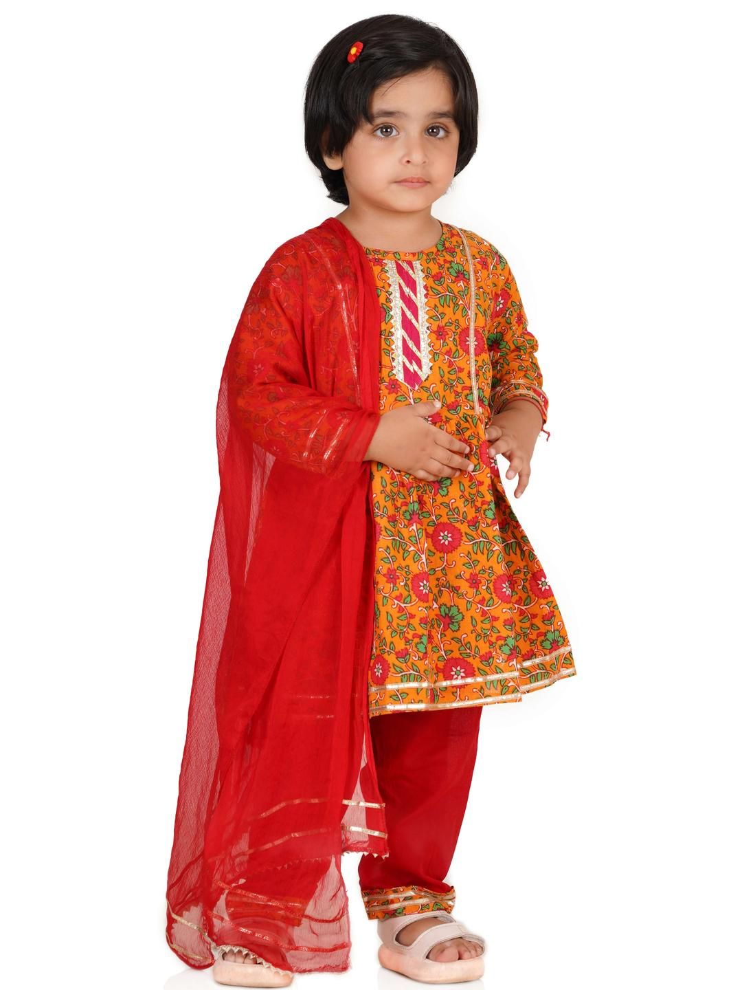 LITTLE DREAMS Girls Yellow & Red Printed Kurta & Dhoti Pant With Dupatta-picture-46