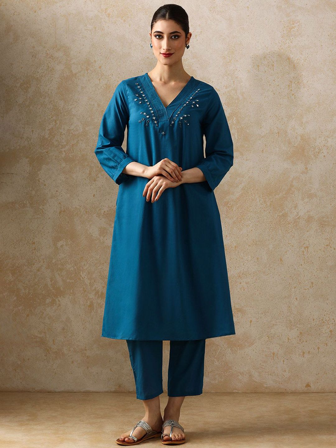 Moara Solid Embroidered  Cotton Kurta & Trouser Sets