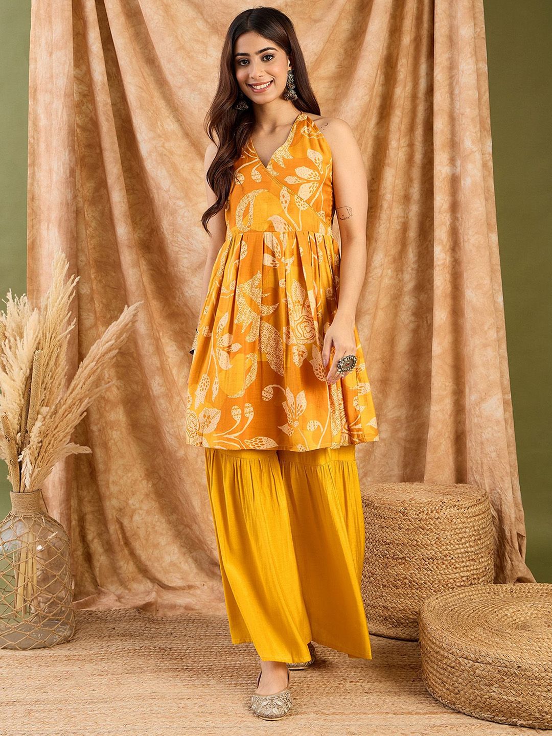 InWeave Floral Printed Pleated Halter Neck A-Line Kurta With Palazzos