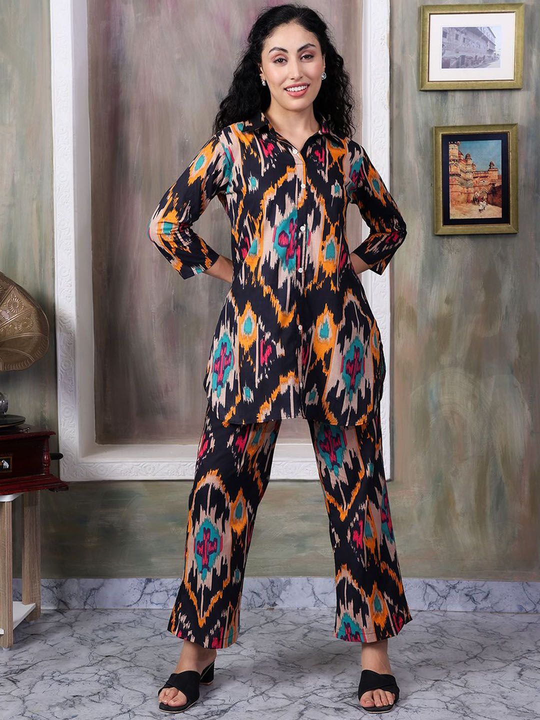 House Of Attire Pure Cotton Collared Neck Three Fourth Sleeves Tunic With Trousers Co-Ords