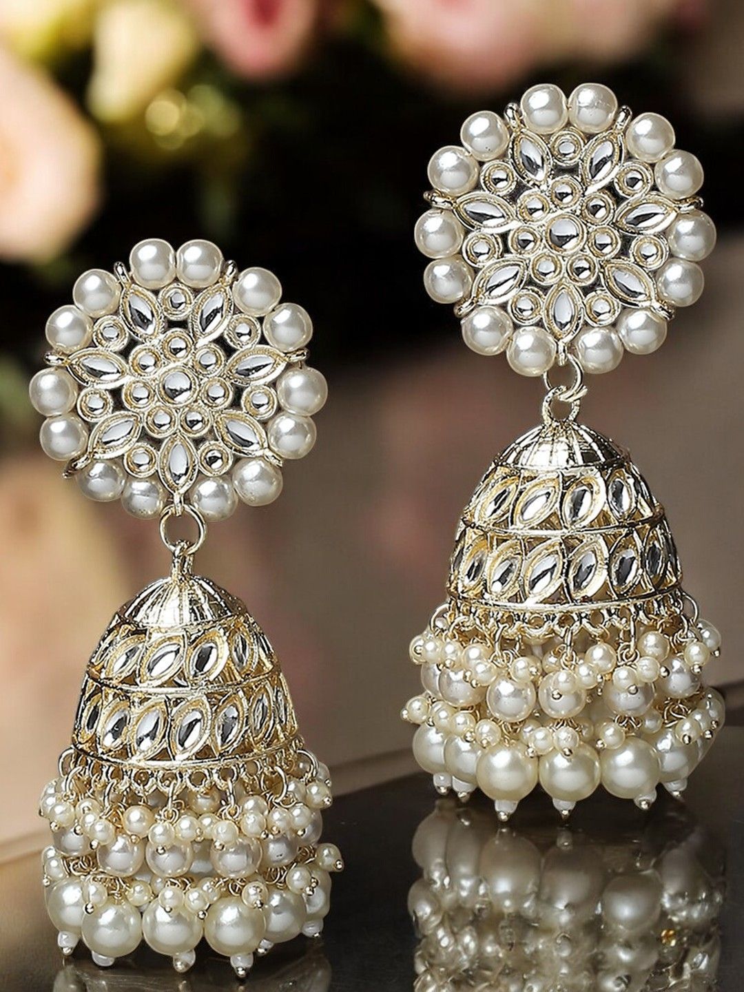 fabula Kundan Stone Studded & Beaded Dome Shaped Jhumkas-picture-20