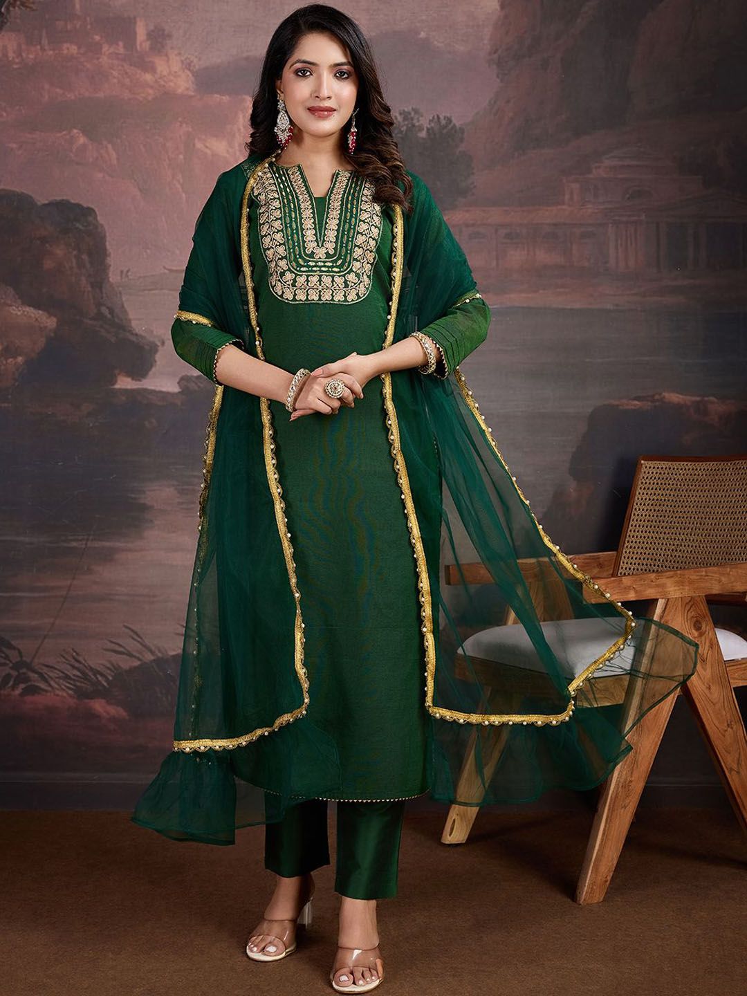 Inddus Women Ethnic Motifs Embroidered Kurta with Trouser & Dupatta