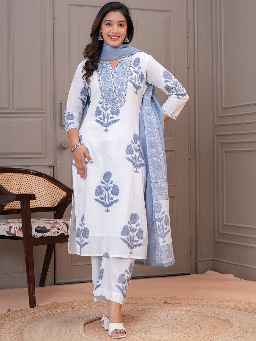 KALINI Women Floral Printed Pure Cotton Kurta with Trouser & Dupatta