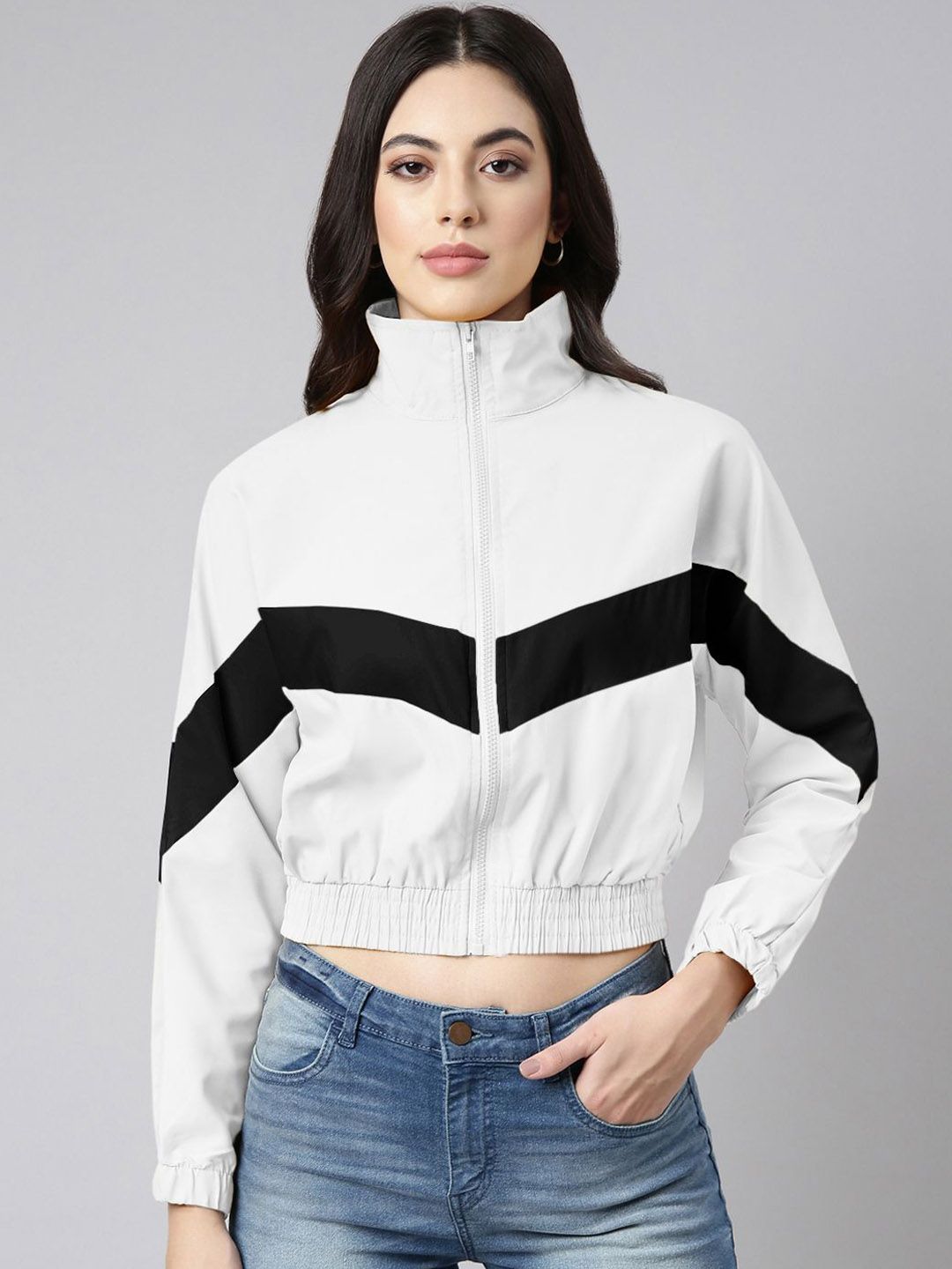 SHOWOFF Women Stand Collar Colourblocked Windcheater Casual Sporty Jacket