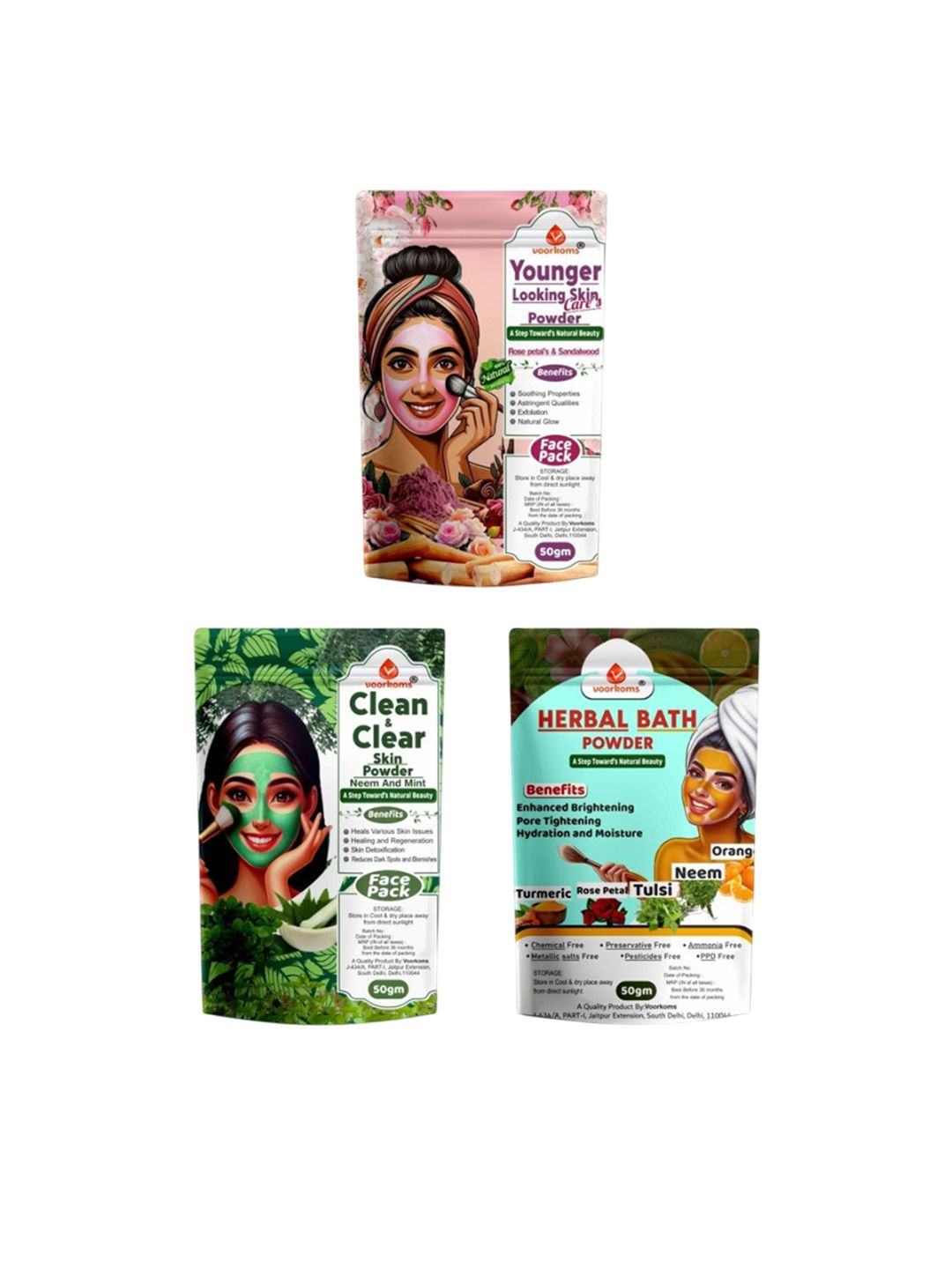VOORKOMS Set Of 3 Younger Looking Skin- Clean & Clear & Herbal Bath Face Mask- 50 g Each-picture-41