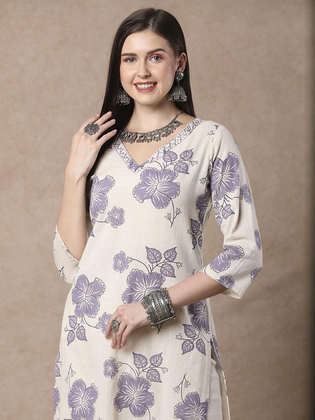 KJFAB Women Floral Printed Regular Pure Cotton Kurta with Palazzos