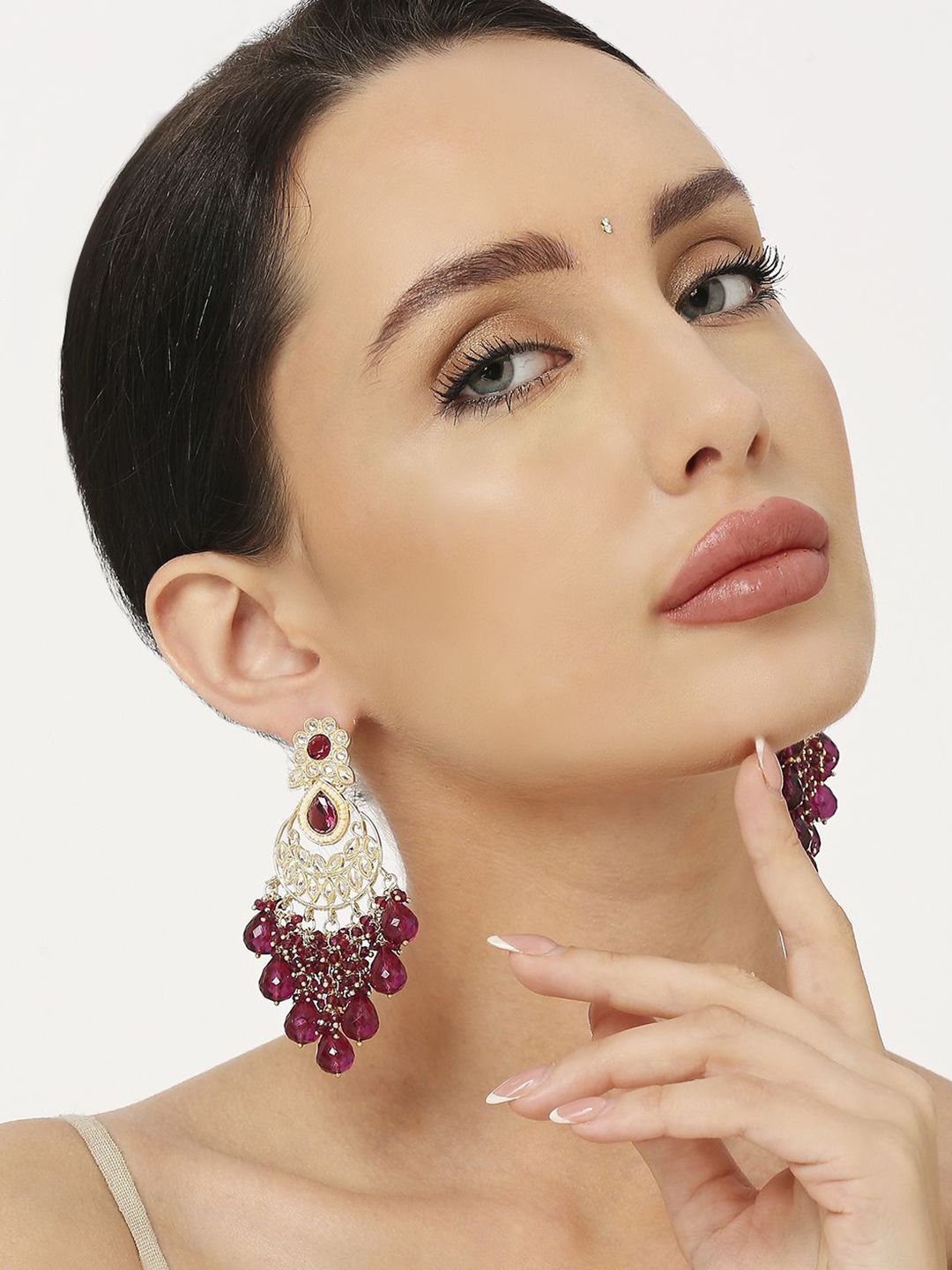 fabula Kundan Stone Studded & Beaded Teardrop Shaped Drop Earrings-picture-21