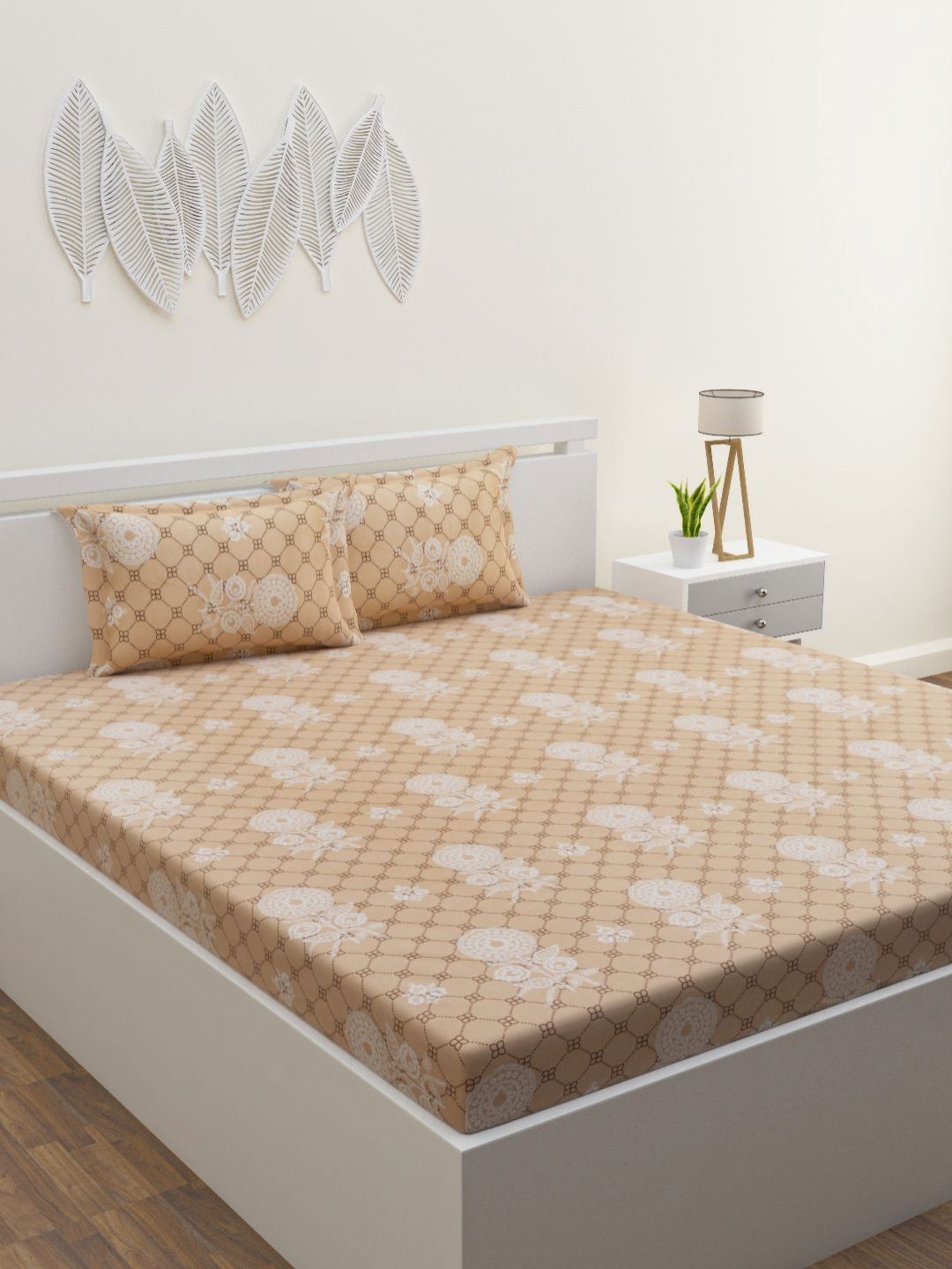 HOME AFFAIRS Cream-Coloured 120 TC Queen Bedsheet with 2 Pillow Covers-picture-43