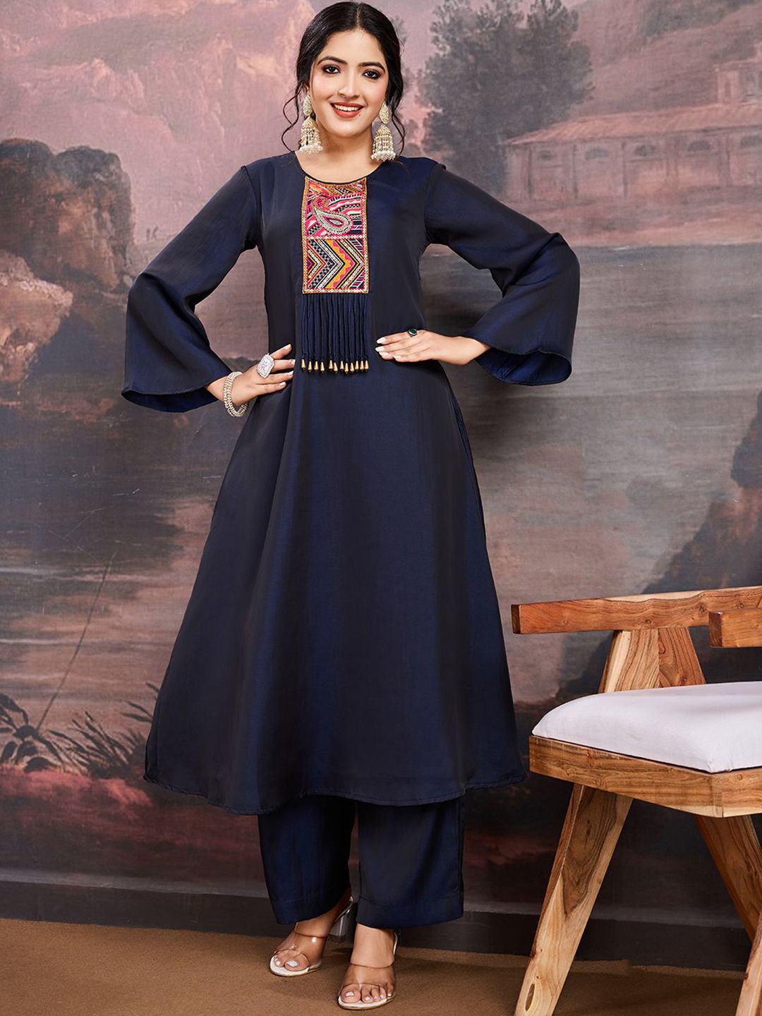 Inddus Women Ethnic Motifs Yoke Design Satin A-Line Kurta with Palazzo